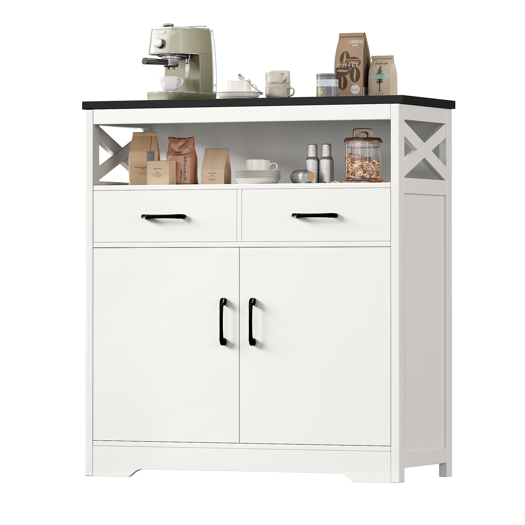Modern Farmhouse Buffet Sideboard - Wood Kitchen Storage Cabinet with Shelves, Doors & Drawers - White and Black Coffee Bar Cabinet for Living Room, Dining Room & Home Decor - Perfect for Entertaining, Storage & Display
