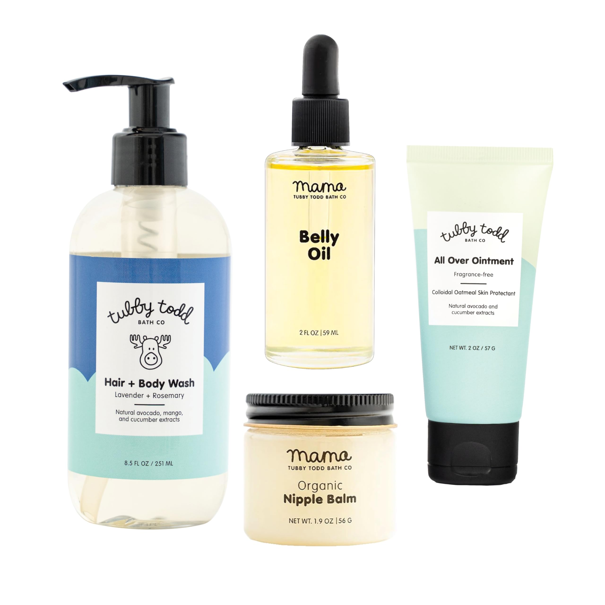 Tubby Todd Sensitive Skincare Kit for Newborns & Moms - Lavender Rosemary Baby Shampoo, Body Wash 8.5oz + All Over Ointment 2oz, Belly Oil 2oz & Nipple Balm 1.9oz - Perfect Baby Shower Gift & Postpartum Care Set for Dry Skin Relief