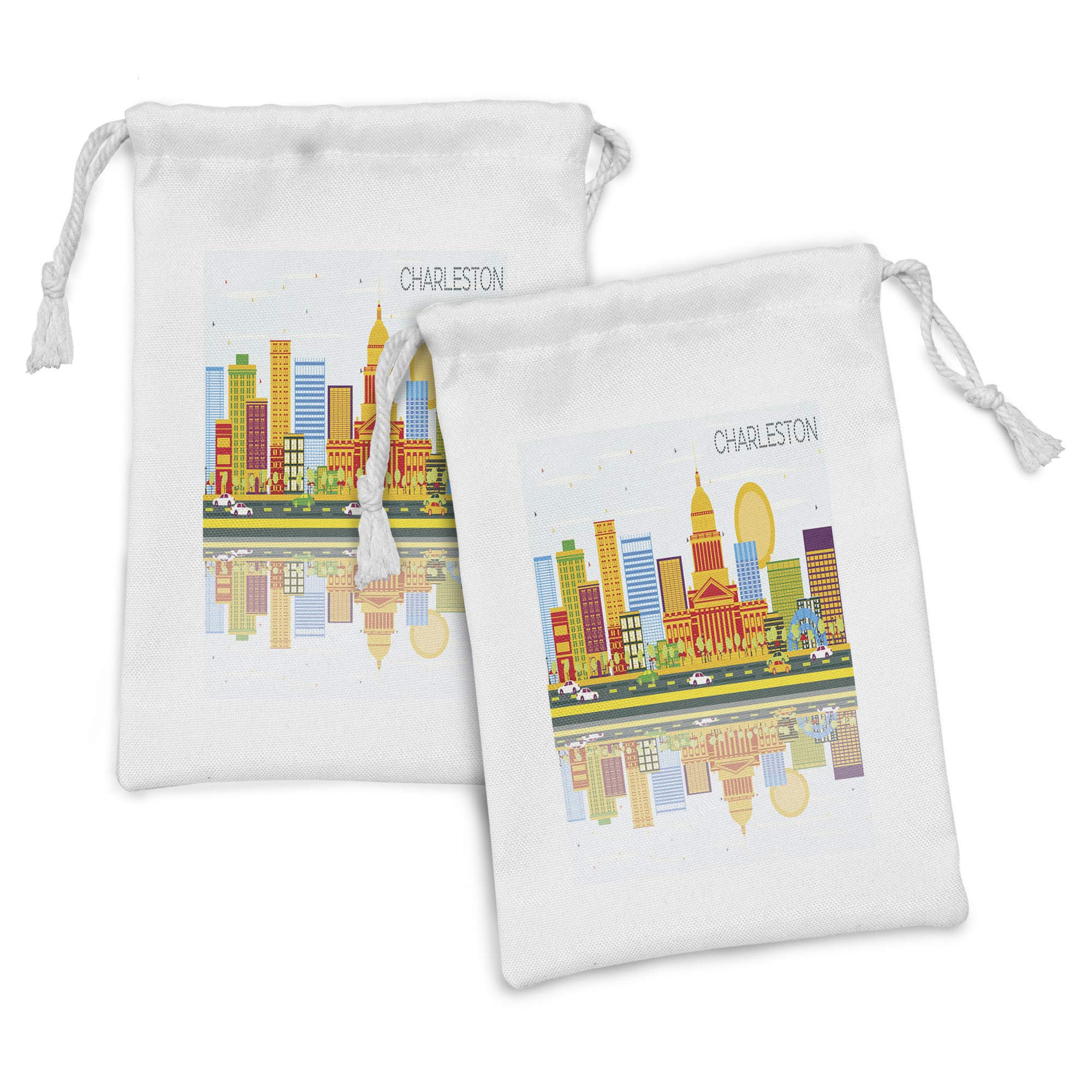 Ambesonne Charleston Fabric Pouch Set of 2 - Colorful USA Skyline Design Small Drawstring Bags (9