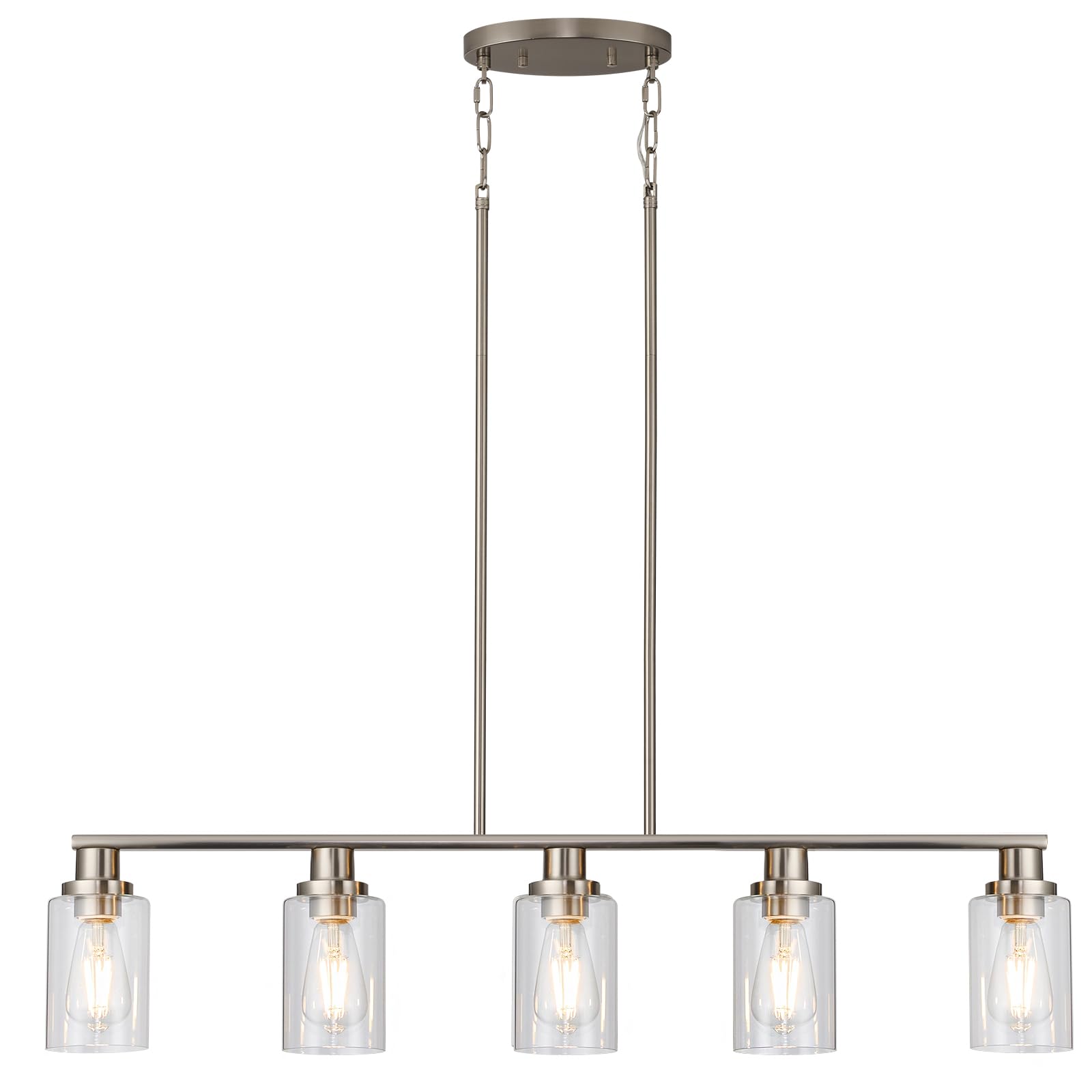 5-Light Farmhouse Pendant Lighting - Brushed Nickel Linear Chandelier with Clear Glass Shades - Rustic Industrial Kitchen Island Lighting for Dining Room & Table - Perfect for Farmhouse, Industrial & Modern Home Decor