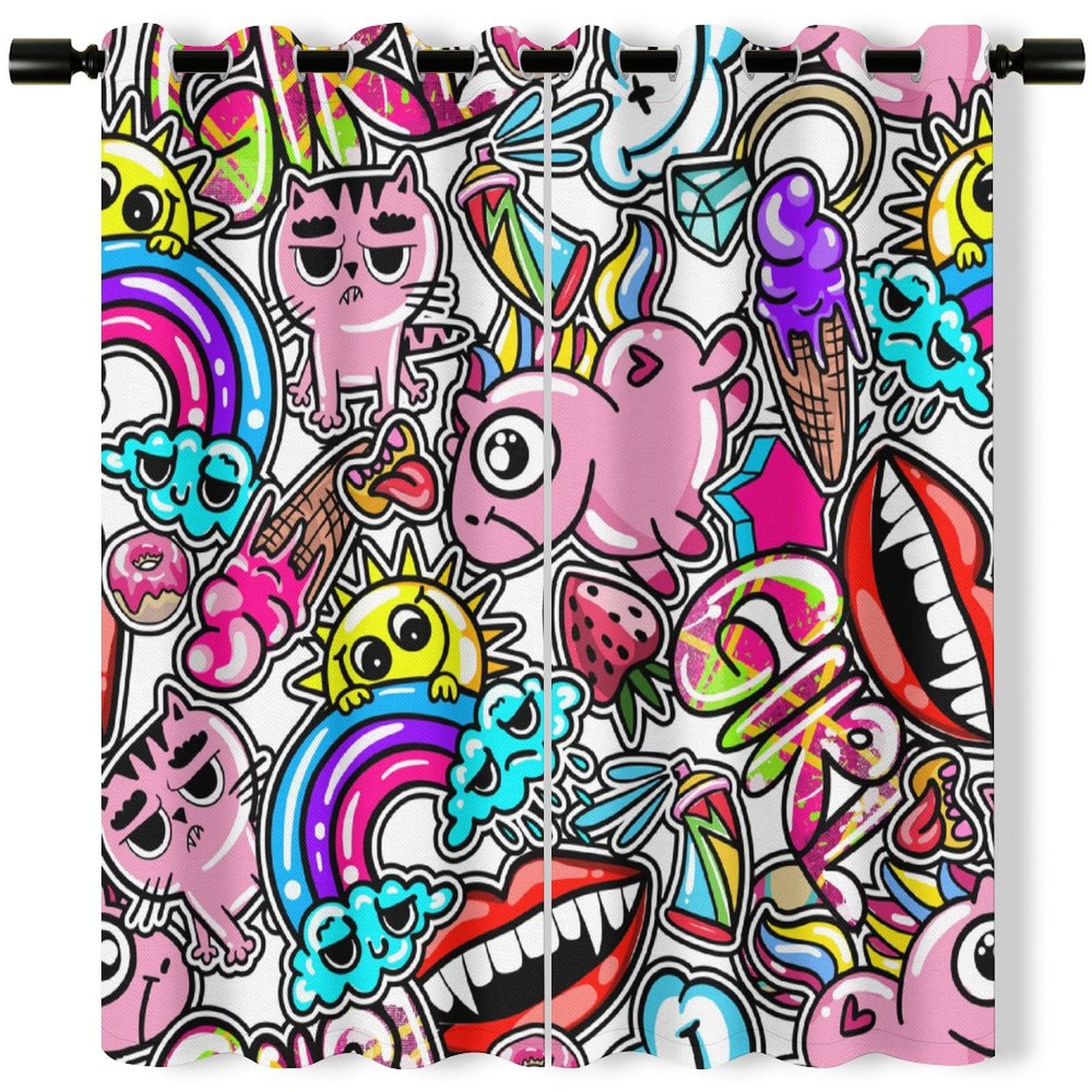 Cute Cartoon Graffiti Doodle Comics Blackout Curtains - Noise Reducing Soft Premium Window Treatment for Bedroom & Patio Door, 63x63 Inch Grommet Top Panels (Set of 2) - Perfect for Kids Room, Nursery, and Home Theater