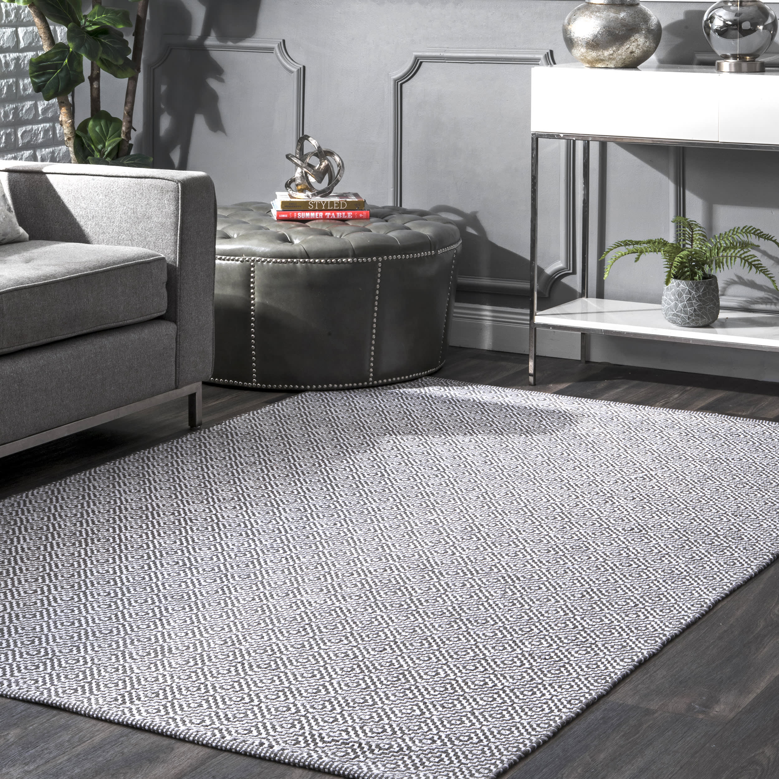 Premium Diamond Cotton Check Flatwoven Rug - Soft & Durable Grey Area Rug for Living Room, Bedroom, or Office Decor