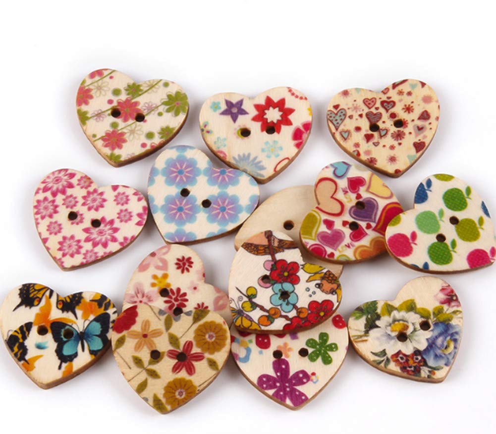 50 Pcs Natural Wooden Buttons - 2-Hole DIY Craft Buttons with Tree, Heart & Flower Designs for Sewing, Scrapbooking & Home Decor (Peach Heart) - Perfect for DIY Projects, Gift Wrapping & Handmade Cards