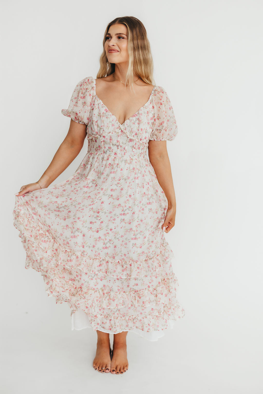 Danielle Corset Maxi Dress - White & Pink Floral Print Women's Formal Evening Gown for Weddings, Prom, and Special Occasions