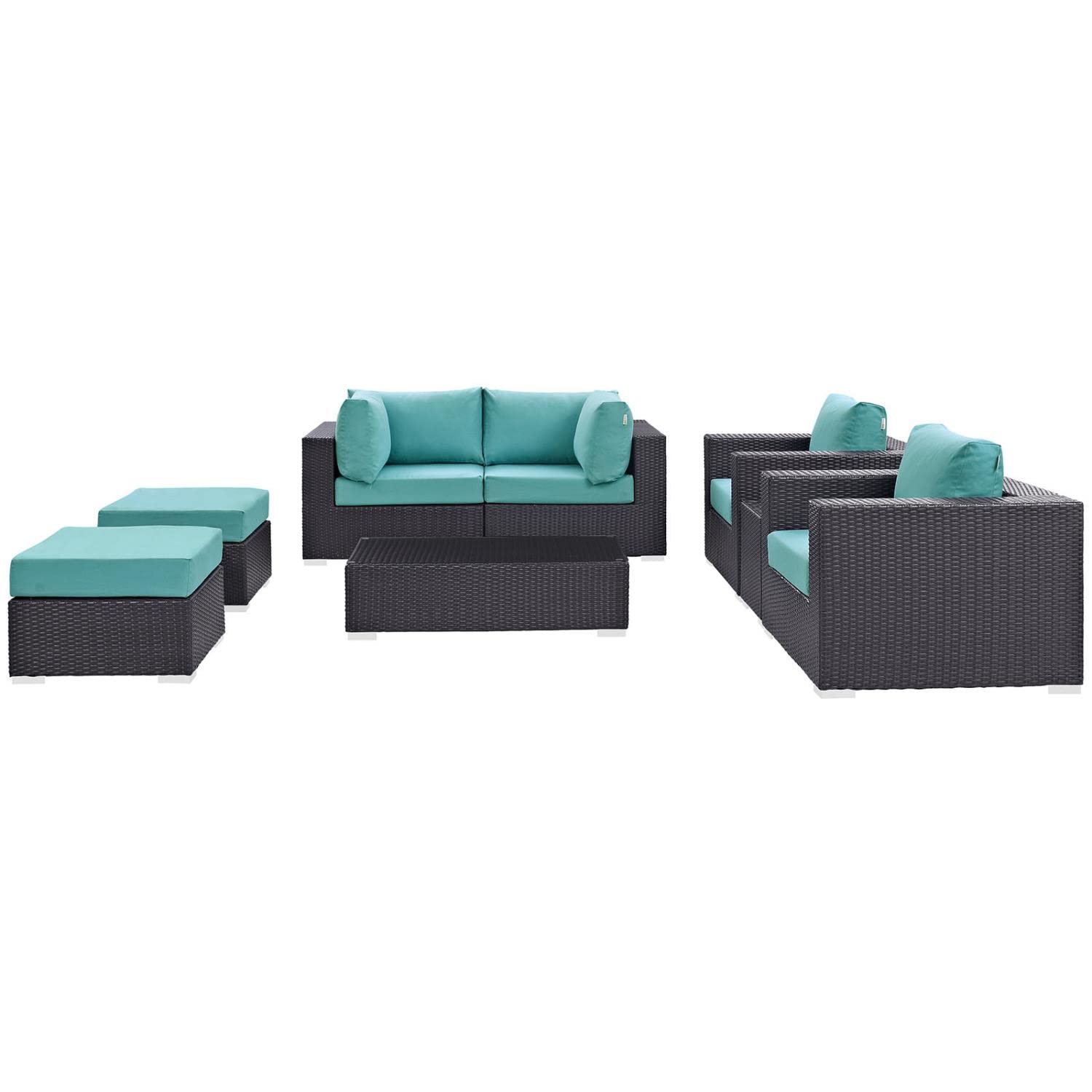Modway Convene 8-Piece Outdoor Patio Sectional Set - Espresso & Turquoise Wicker Furniture with Cushions - Perfect for Backyard, Poolside & Garden Relaxation