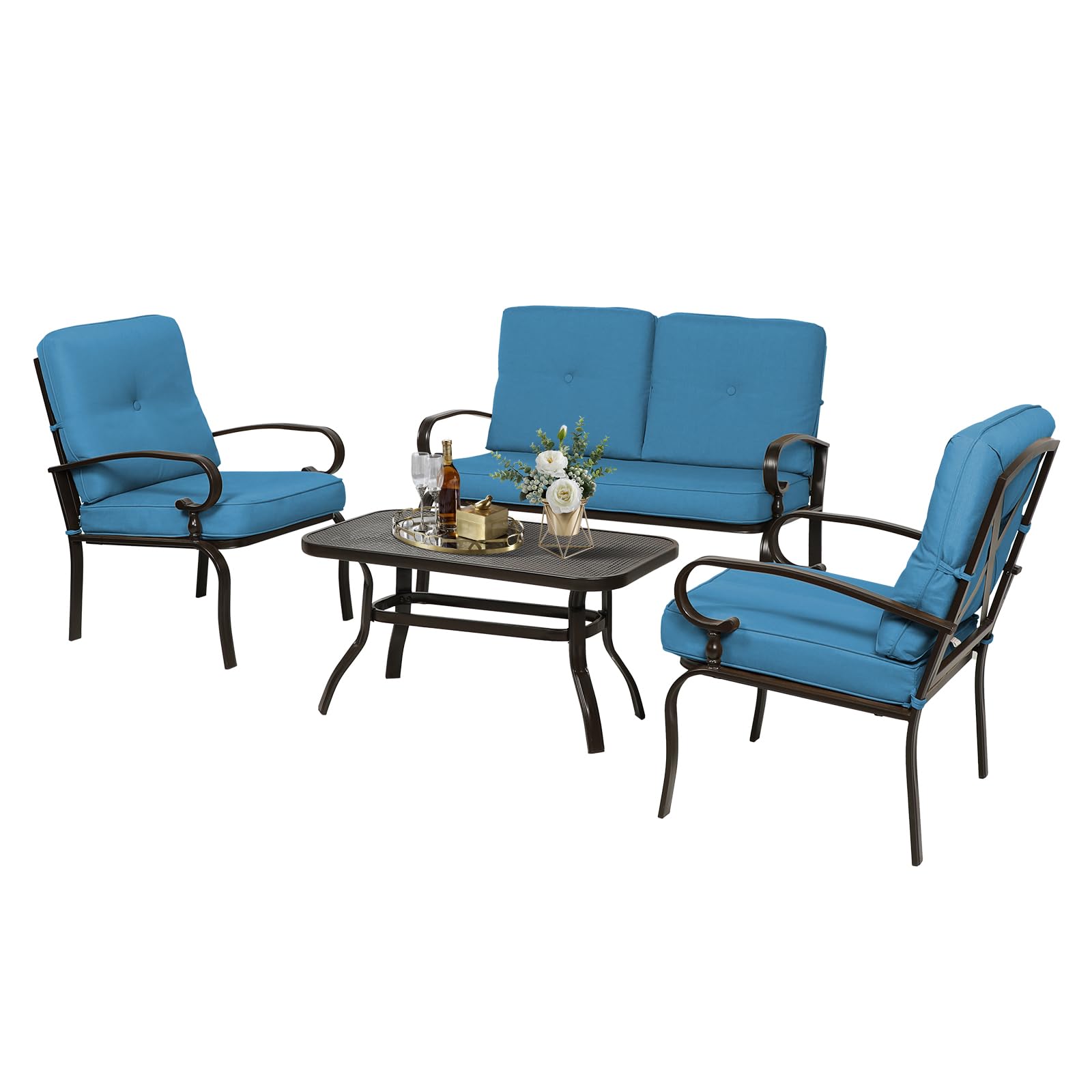 4Pcs Wrought Iron Outdoor Patio Furniture Set with Cushions - Loveseat, Coffee Table & 2 Dining Chairs (Blue) - Durable Metal Conversation Set for Garden, Backyard, Poolside & Outdoor Relaxation