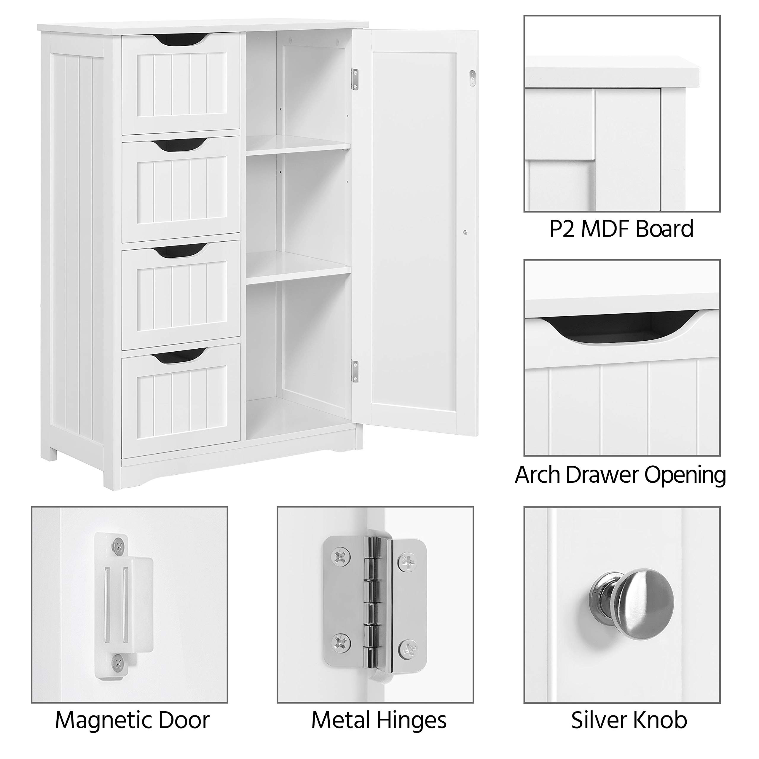Yaheetech White Wooden Floor Cabinet - 4 Drawers & 1 Cupboard Storage Organizer, Freestanding Entryway Console Table for Bathroom, Living Room, Bedroom & Home Decor