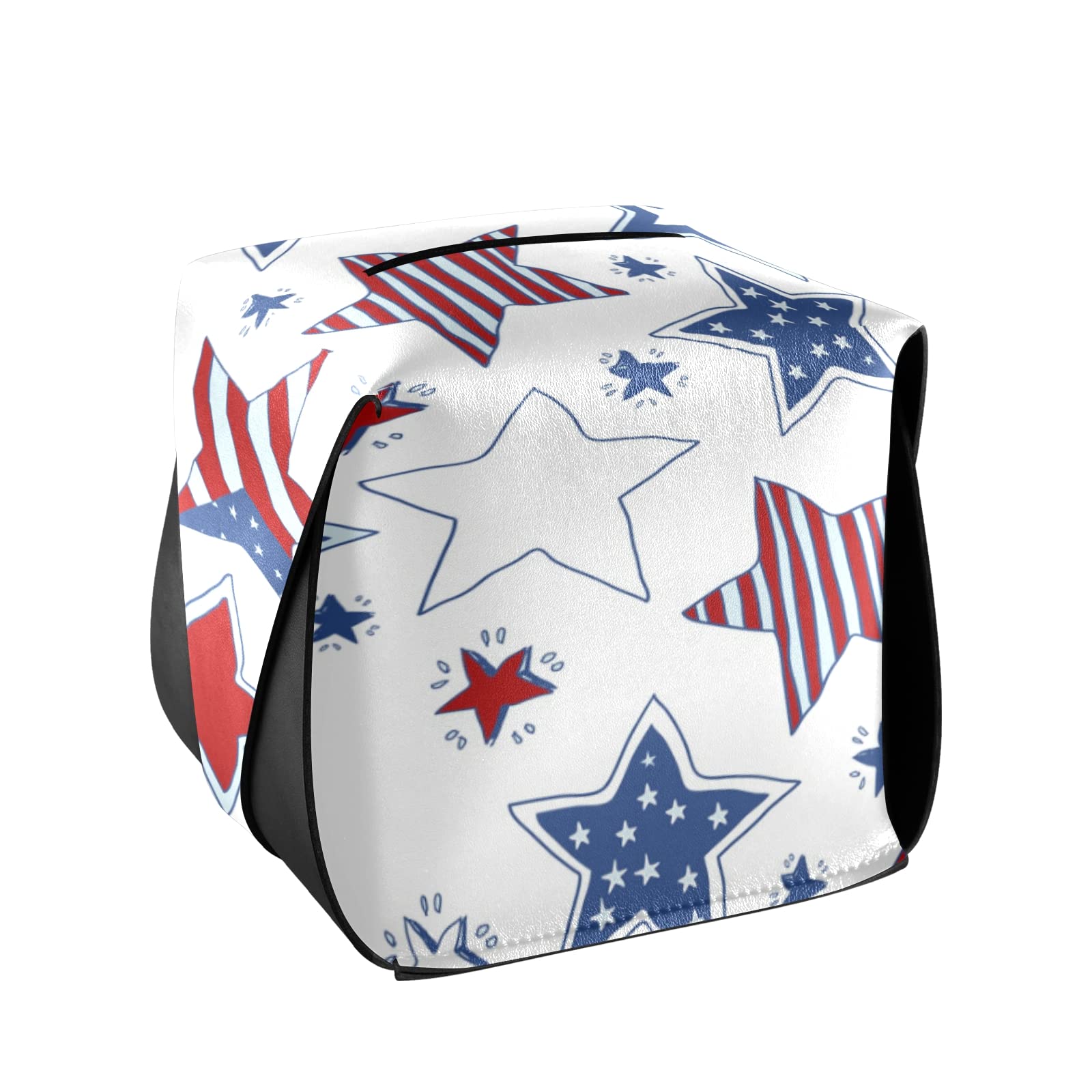 USA Flag Leather Tissue Box Cover - White & Blue Stars Design with Handle for Bathroom, Home, Office, Car | 5.7x5.7x5.7 in | Perfect for Nightstands, Vanity Countertops & Desk Decor