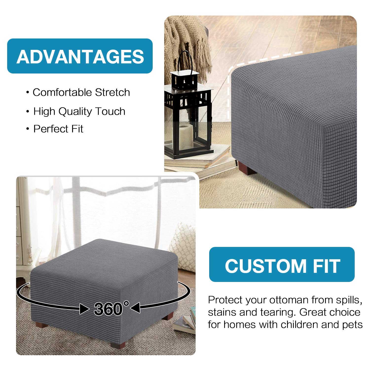 Flamingo P Stretch Square Ottoman Slipcover - Soft Elastic Bottom Furniture Protector for Folding Storage Stool (Small, Charcoal Gray) | Perfect for Living Room, Bedroom & Home Decor