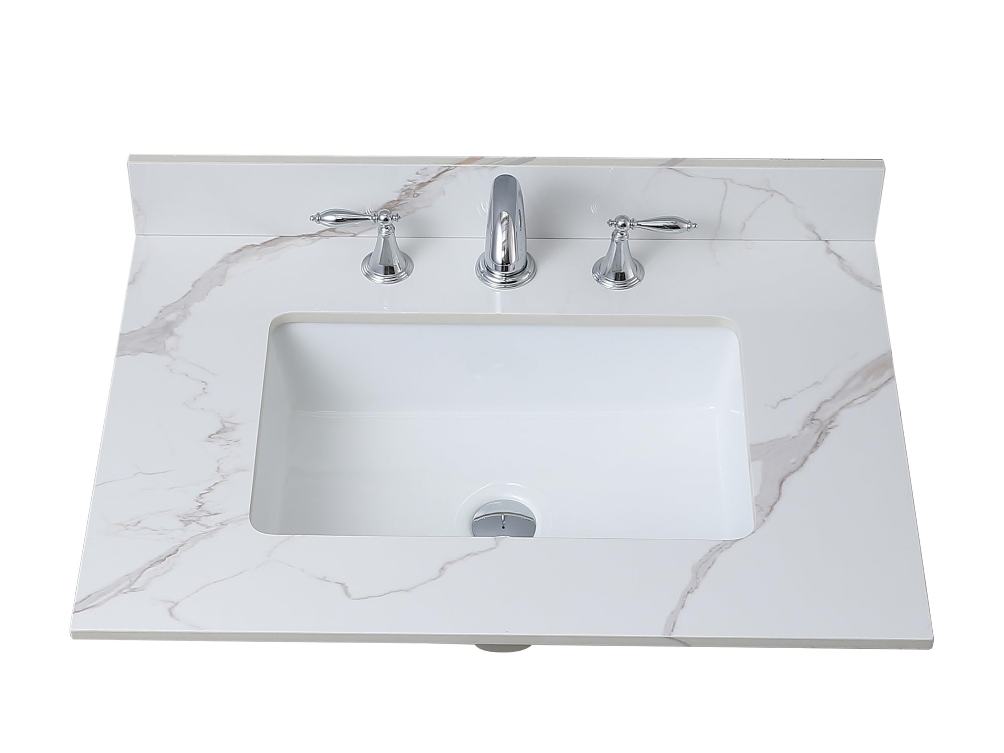 31 x 22 Inch Sintered Stone Bathroom Vanity Top with Ceramic Undermount Rectangular Sink - Carrara Gold 3 Hole Design with Backsplash | Durable & Waterproof for Modern Bathroom, Powder Room, or Guest Bath Installation