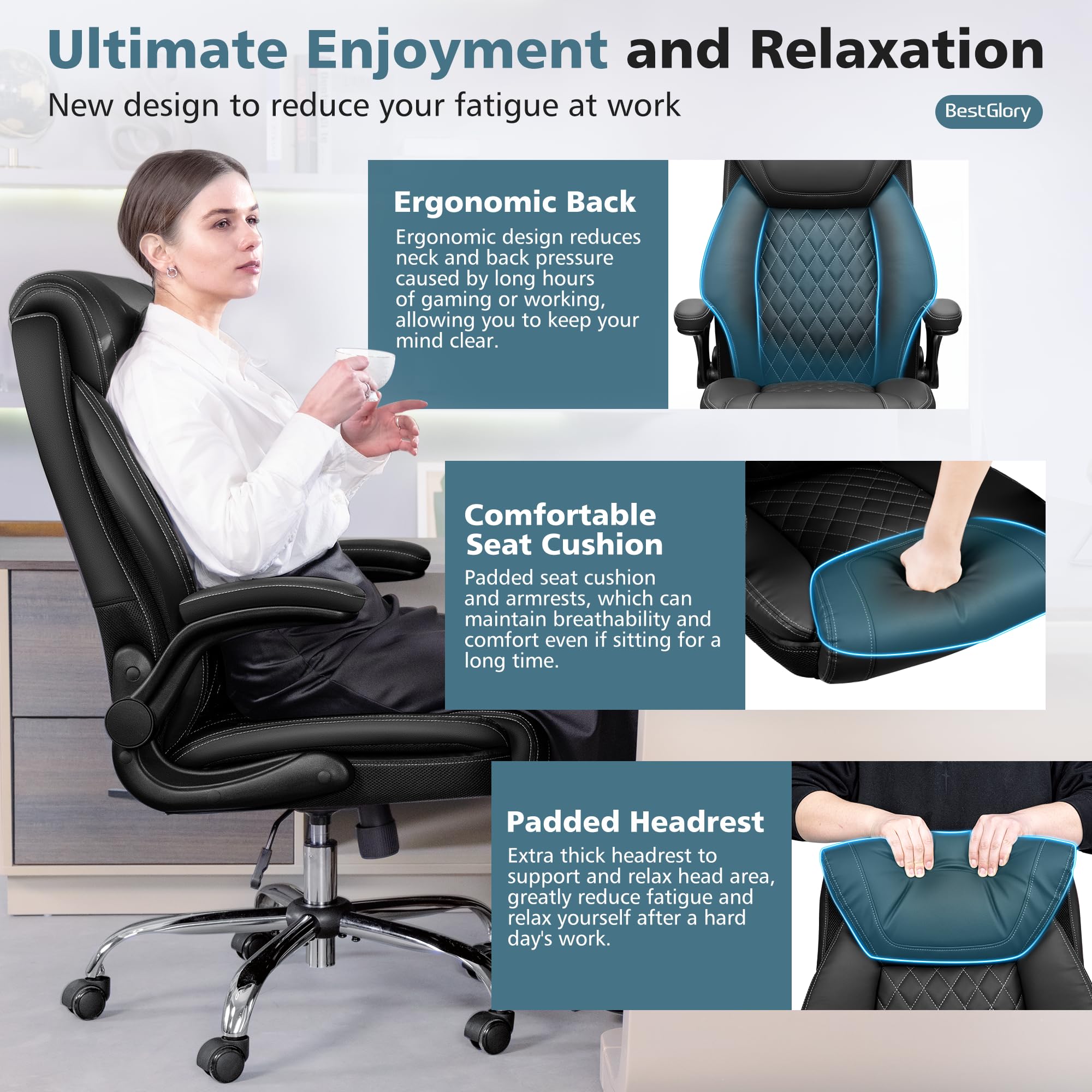 Ergonomic High Back Office Chair with Lumbar Support - Big & Tall Breathable Leather Desk Chair for Home & Office - Adjustable Flip-Up Armrests & Rocking Function - Perfect for Long Work Hours, Gaming & Computer Use