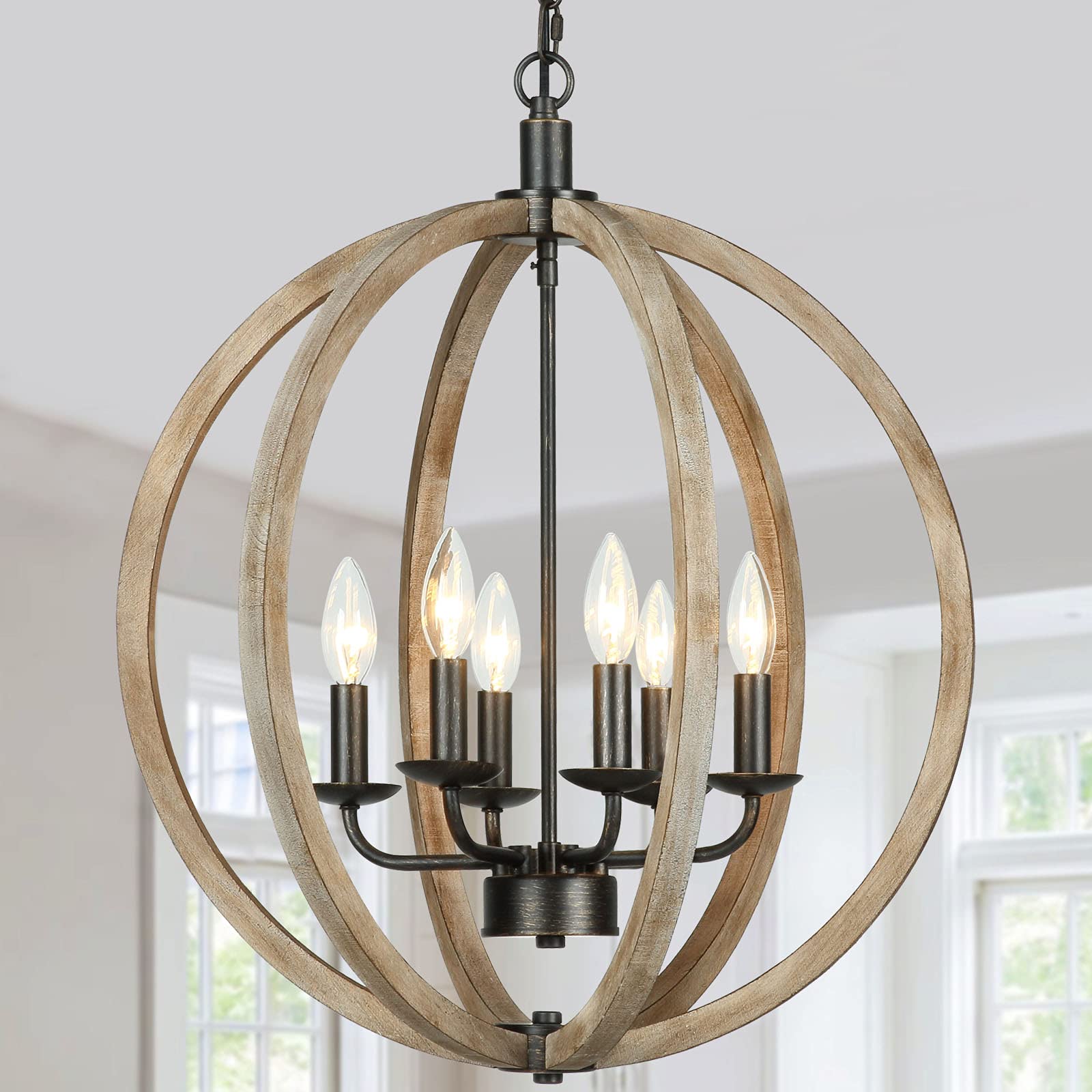 T&A Orb 6-Light Farmhouse Chandelier - Rustic Brown Wood Globe Pendant Light Fixture for Dining Room, Bedroom, Foyer & Living Room | Perfect for Farmhouse, Cottage & Vintage Home Decor