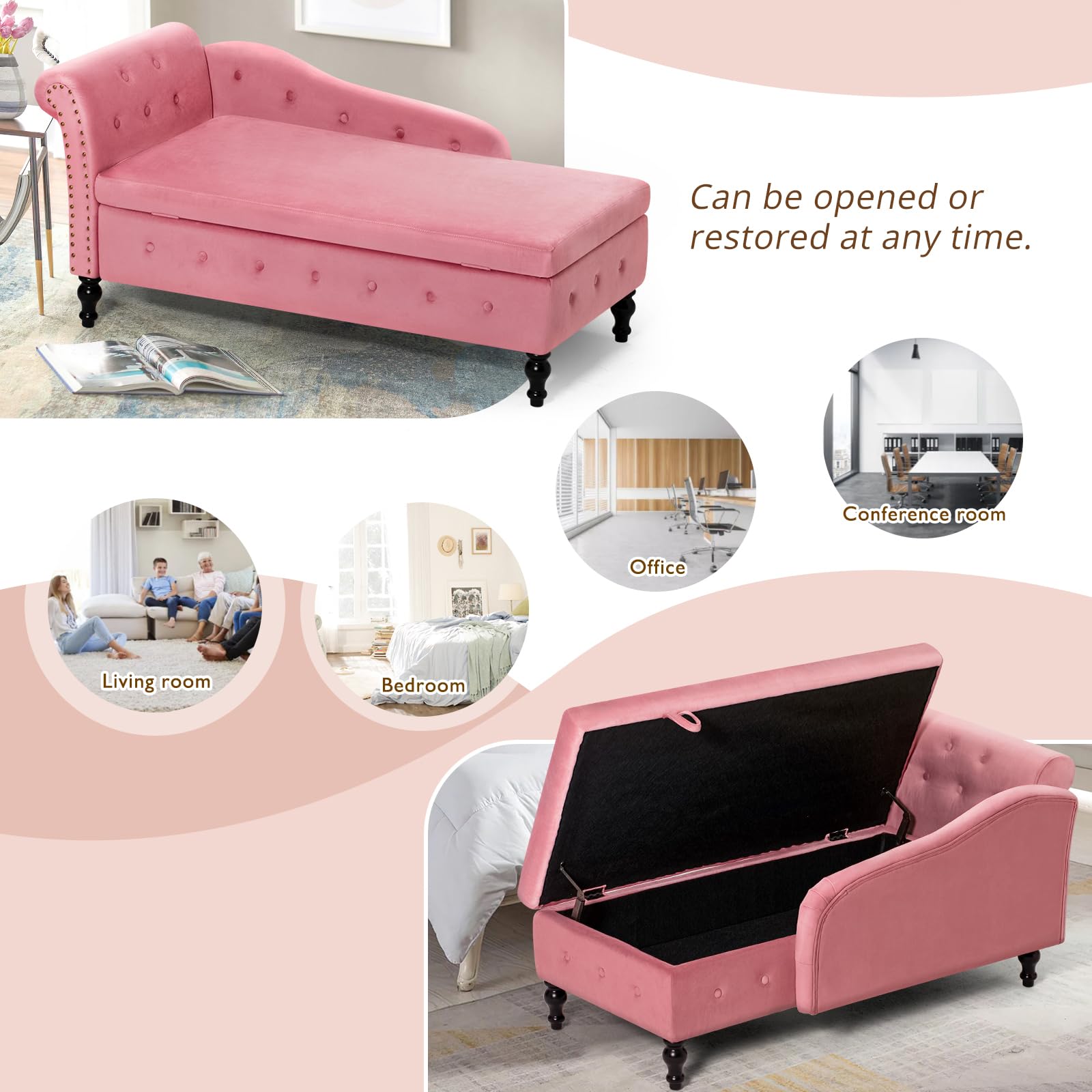 Velvet Upholstered Chaise Lounge with Left Armrest & Storage Space, Button Tufted Modern Lounge Chair with Lumbar Pillow - Pink Accent Furniture for Bedroom, Living Room & Office - Perfect for Relaxing, Reading or Napping