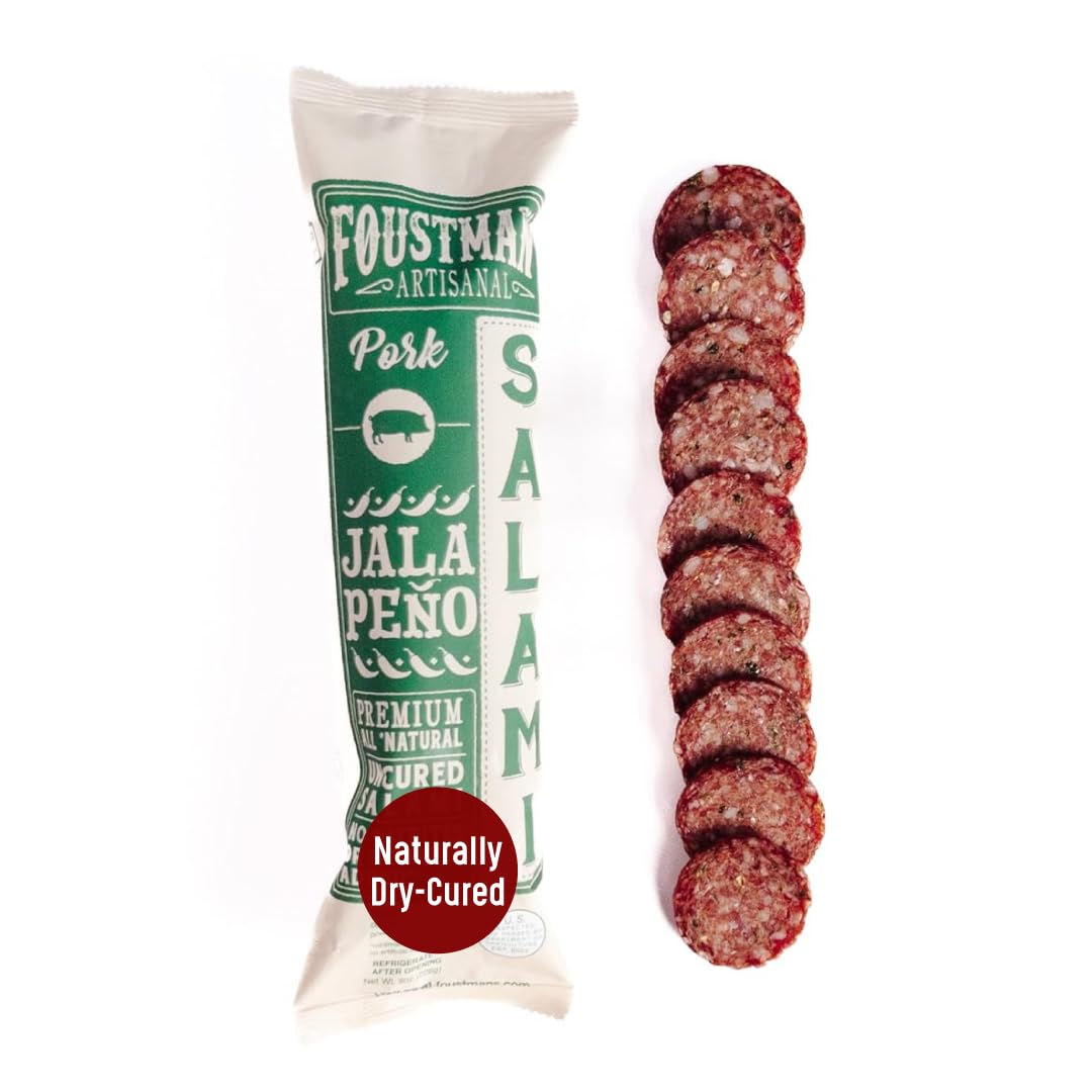 Foustman's Artisanal Jalapeno Pork Salami - Nitrate-Free, Naturally Cured, Gluten & Dairy Free Lunch Meat (8 Oz) - Perfect for Charcuterie Boards, Sandwiches & Keto Snacks