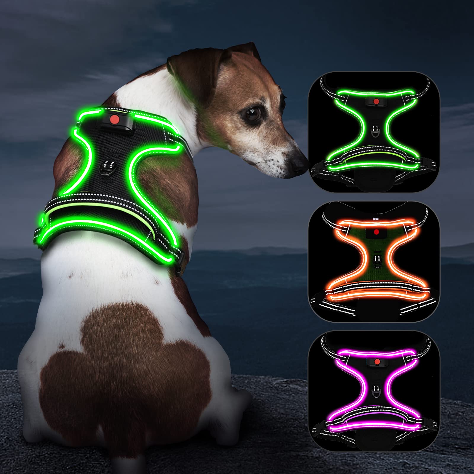 Rechargeable LED Dog Harness with Handle - No Pull Light Up Vest for Small/Medium/Large/XL Dogs | Adjustable 4-Point Safety Harness | Vizbrite Reflective Design for Night Walks & Outdoor Adventures