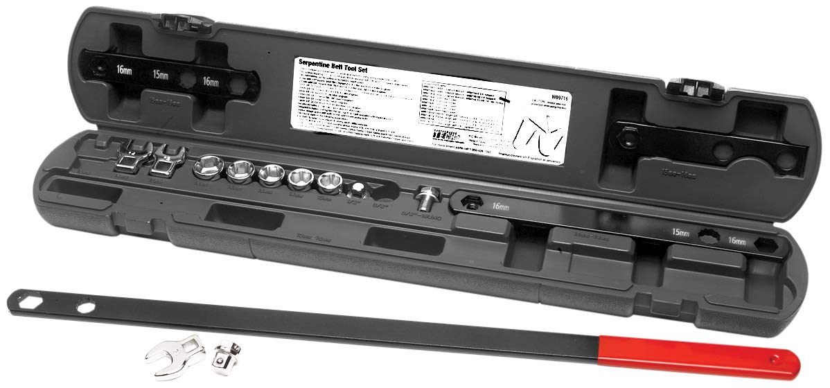Performance Tool W89716 Serpentine Belt Tool Kit - 16-Piece Automotive Repair Set for Belt Replacement & Tension Adjustment | Ideal for Mechanics & DIY Car Maintenance