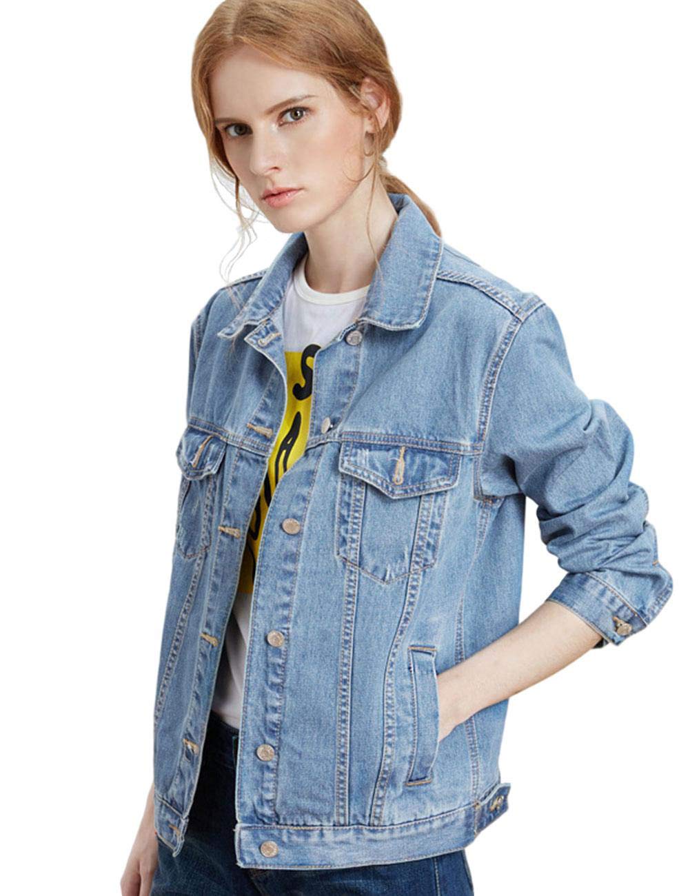 Women's Long Sleeve Denim Trucker Jacket - Classic Solid Blue Jean Jacket for Casual Outfits & Layering | Perfect for Fall, Winter & Spring Fashion