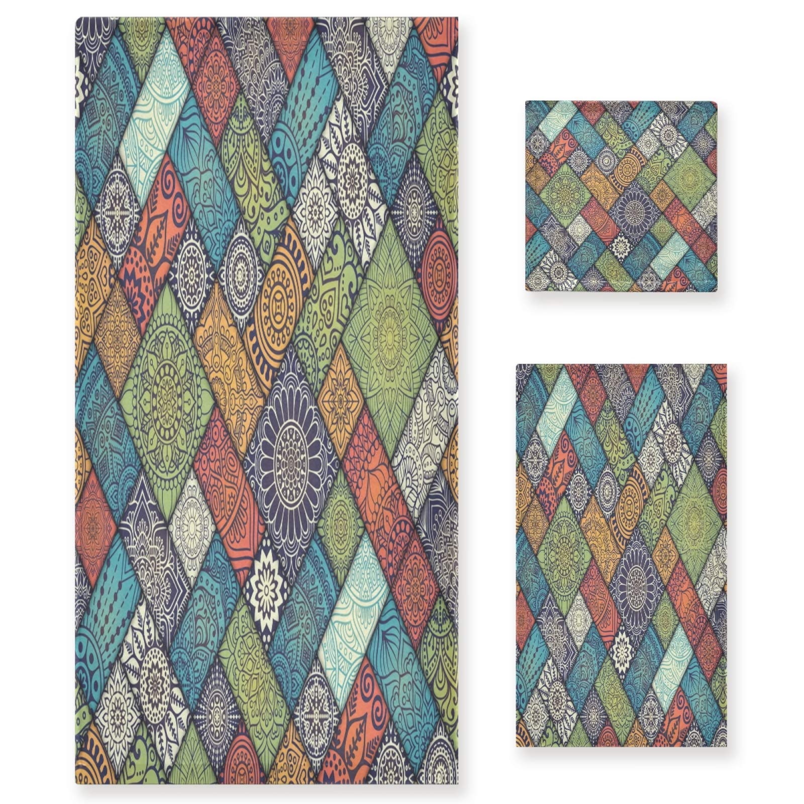 WELLDAY 3-Pack Mandala Green Pattern Bath Towels - Ultra Soft, Highly Absorbent, Quick-Drying - Perfect for Home, Hotel & Spa Bathroom Decor (60