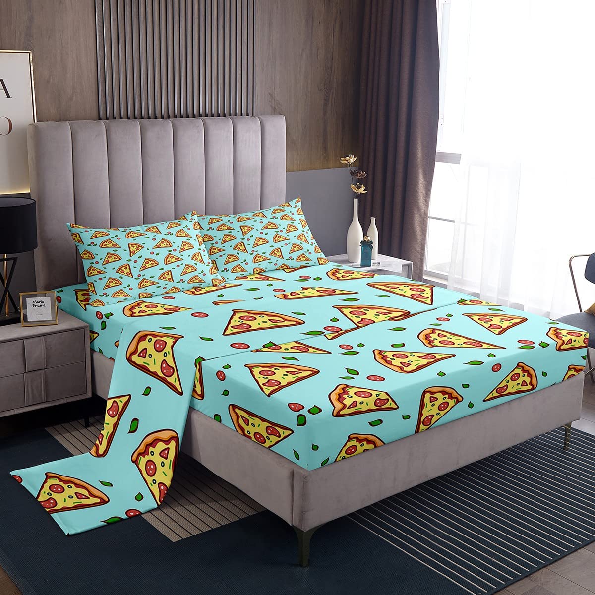 Feelyou Pizza Themed Bed Set - Fast Food Print Twin Size Bedding for Kids & Teens - Includes 1 Sheet & 1 Pillowcase - Fun Food Design for Boys & Girls Bedrooms - Perfect for Pizza Lovers' Rooms, Sleepovers & Themed Parties