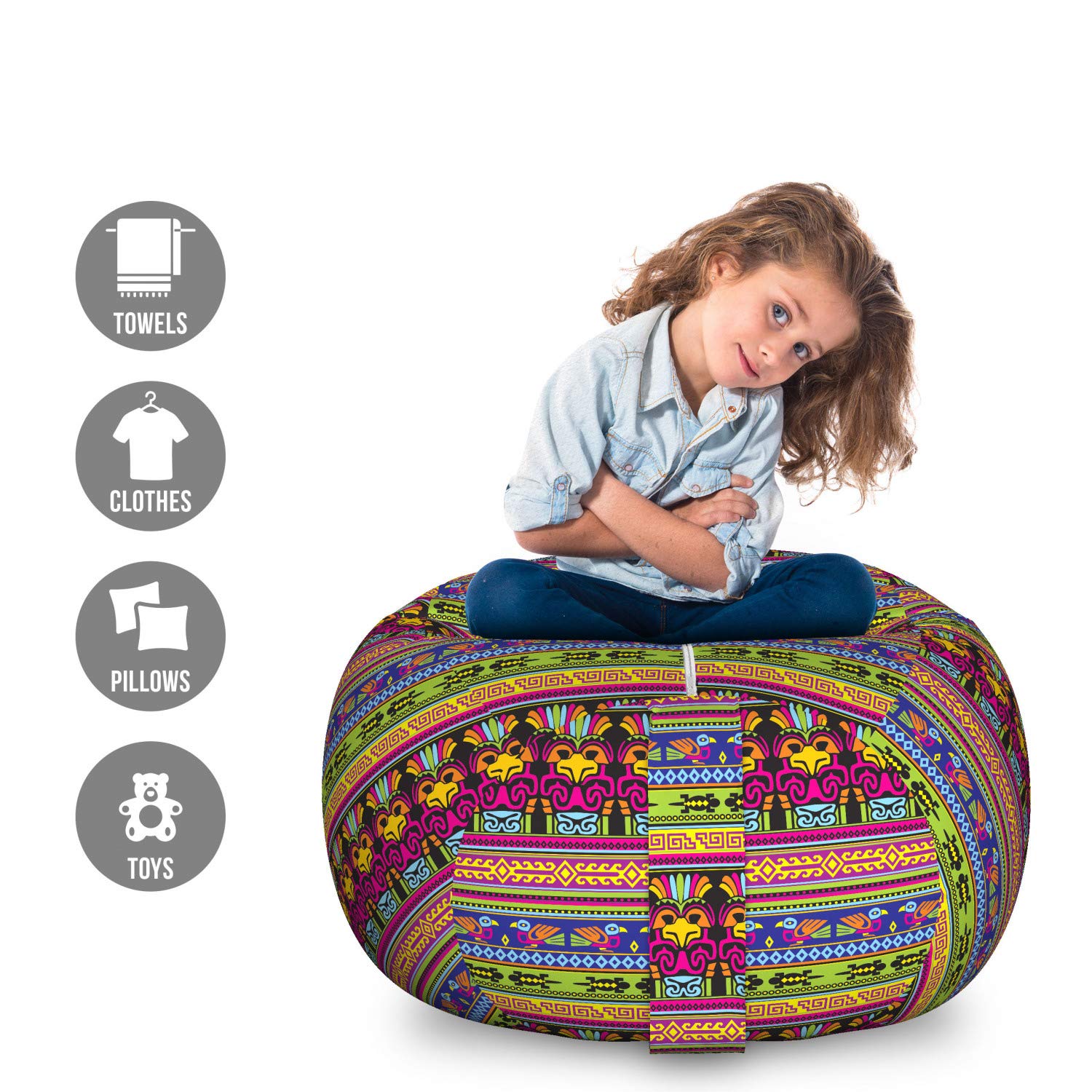 Ambesonne Prehistoric Storage Toy Bag Chair - Aztec Tribal Animal Print, Large Washable Stuffed Animal Organizer | Kids Room Decor, Playroom Storage, Dorm Organizer