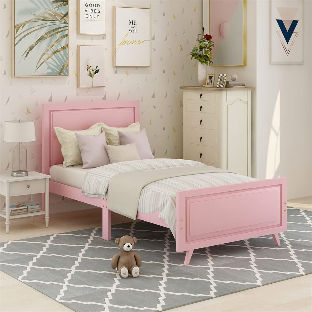 **Pink Twin Size Platform Bed Frame with Wood Slat Support - Rectangular Headboard & Footboard - Sturdy Bedroom Furniture with Under-Bed Storage Space - Perfect for Small Rooms, Kids' Bedrooms & Modern Apartments**
