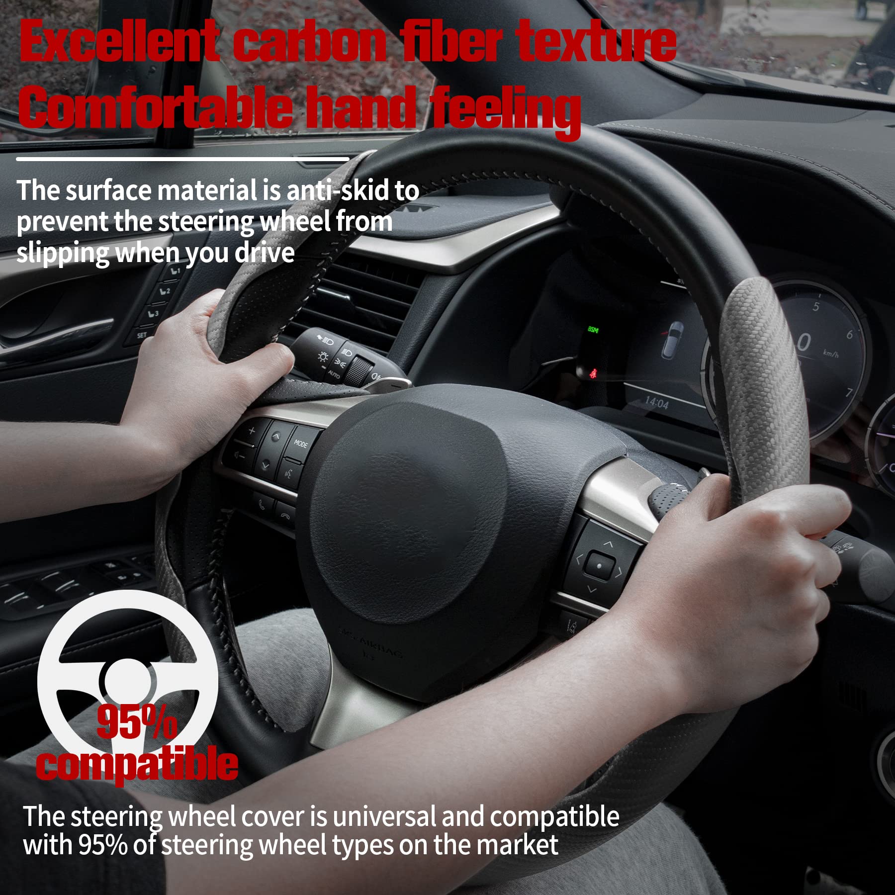 Premium Carbon Fiber Anti-Slip Steering Wheel Cover - Universal Fit for Most Cars - Non-Slip Grip & Scratch Protection - Grey Interior Accessory (Perfect for Daily Commute & Road Trips)