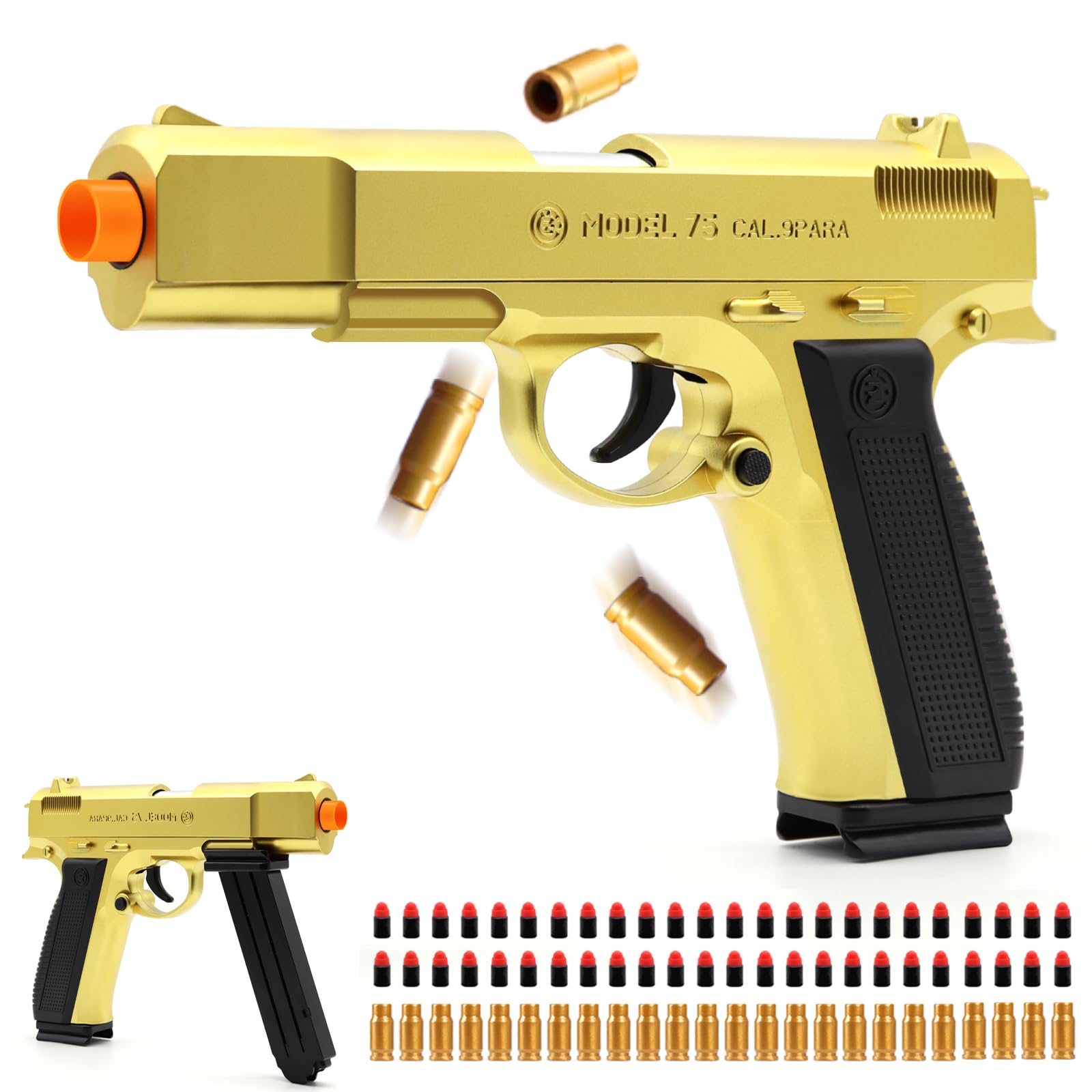 Soft Bullet Toy Gun with Shell Ejecting Feature - 48 Foam Bullets Included | Realistic Gold Toy Pistol for Boys & Kids Ages 8+ | Fidget Stress Relief Gun | Perfect for Halloween, Christmas, Birthday Gifts | Great for Outdoor Play, Target Practice & Pretend Battles