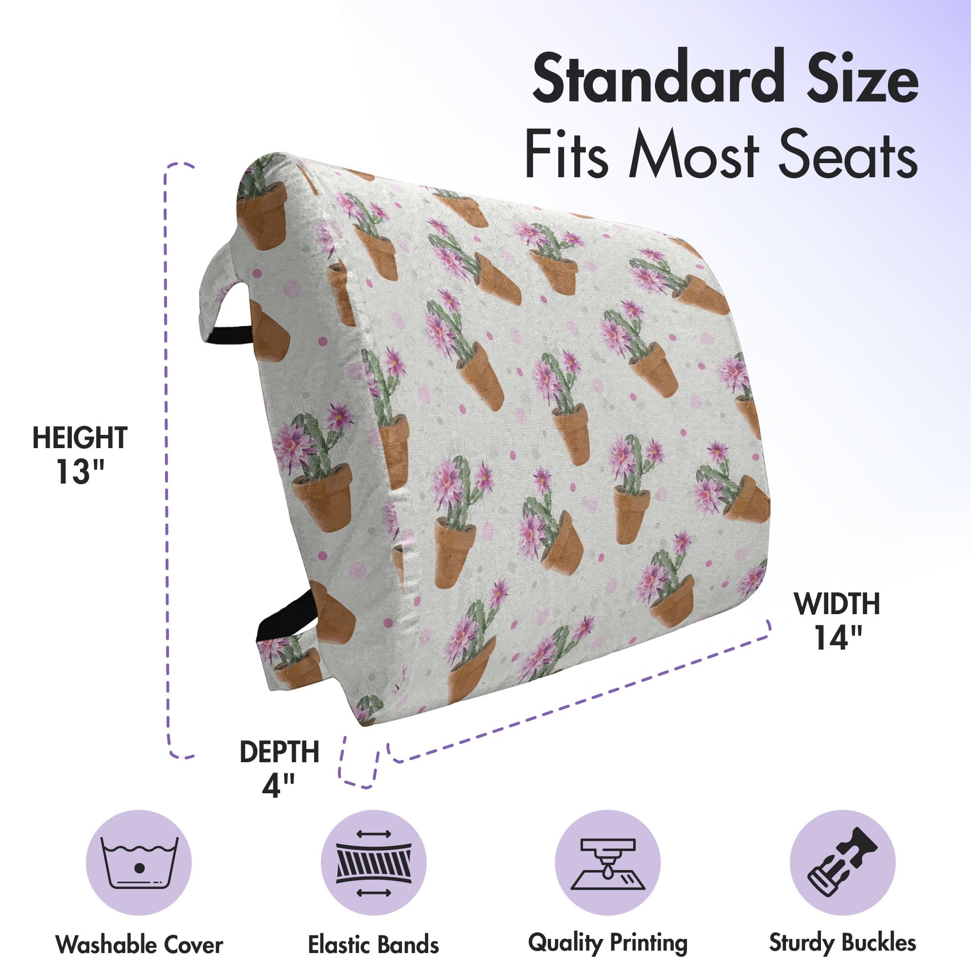 Ambesonne Succulent Lumbar Support Pillow - Exotic Cactus with Pink Flowers in Pots, High Density Foam for Office Chair & Car Seat, 14x13 Inch, Green Pink Brown - Perfect for Home Office, Gaming Chair & Long Drives
