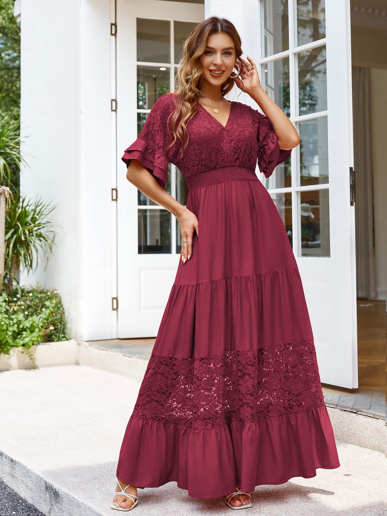 Elegant Women's V-Neck Lace Maxi Dress with Ruffles & Flowy Short Sleeves - Boho Wedding Guest Dress for Summer Parties, Beach Vacations & Formal Events