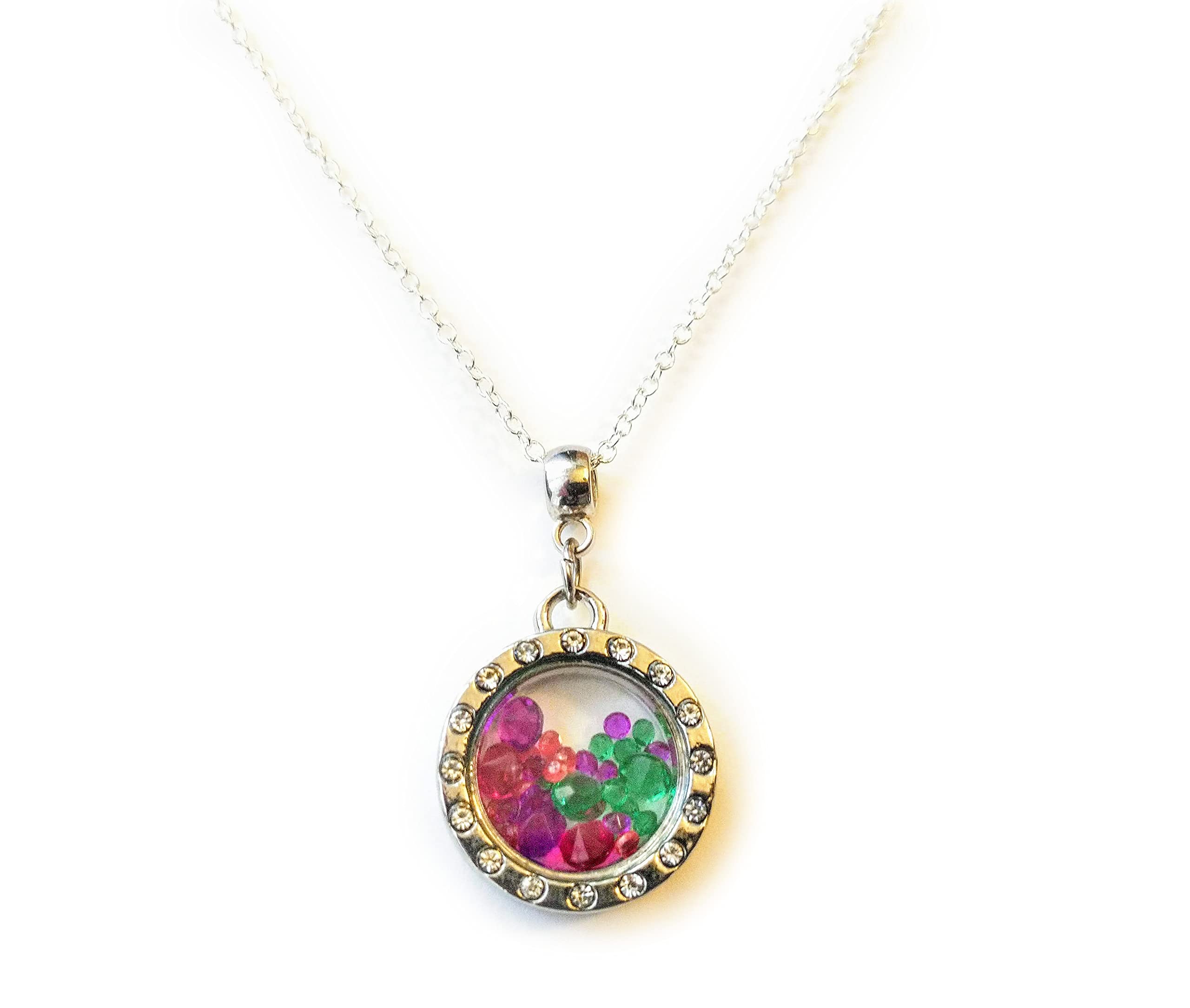 Glass Floating Gem Locket Necklace - Colorful Charm Pendant Jewelry for Women, Gift for Her, Birthday, Anniversary, Valentine's Day