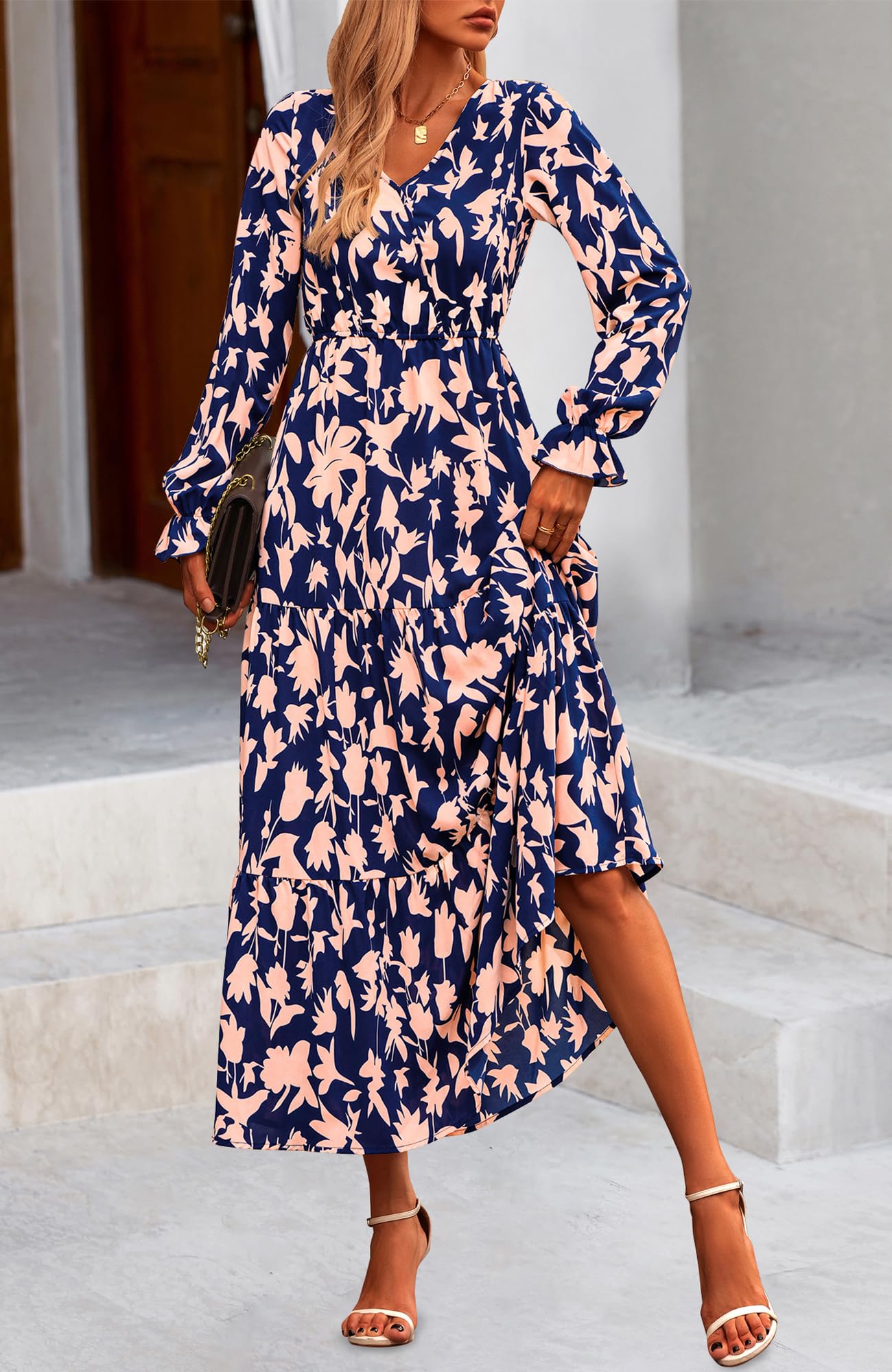 NOLLSOM Women's 2024 Fall Boho Maxi Dress - Long Sleeve V-Neck Floral Print Casual Dress for Wedding Guest, Party, Date Night & Autumn Outings