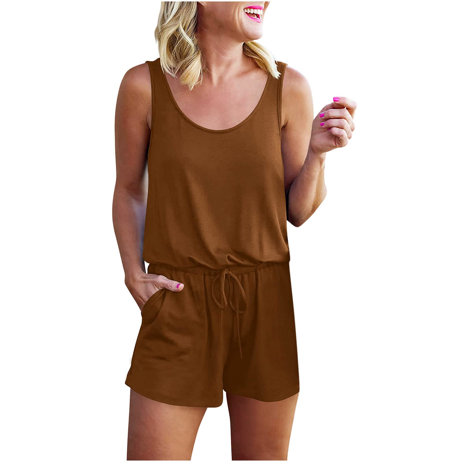 Women's Casual Short Romper Jumpsuit with Drawstring Waist & Pockets - Loose Fit Beachwear for Summer Outings, Vacations, and Outdoor Activities