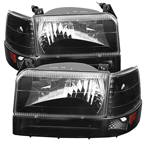 92-96 Ford F150 F250 F350 Bronco Replacement Headlights, Bumper Lights & Corner Lights Set - Black Housing - Left & Right Pair - Perfect for Off-Roading & Night Driving