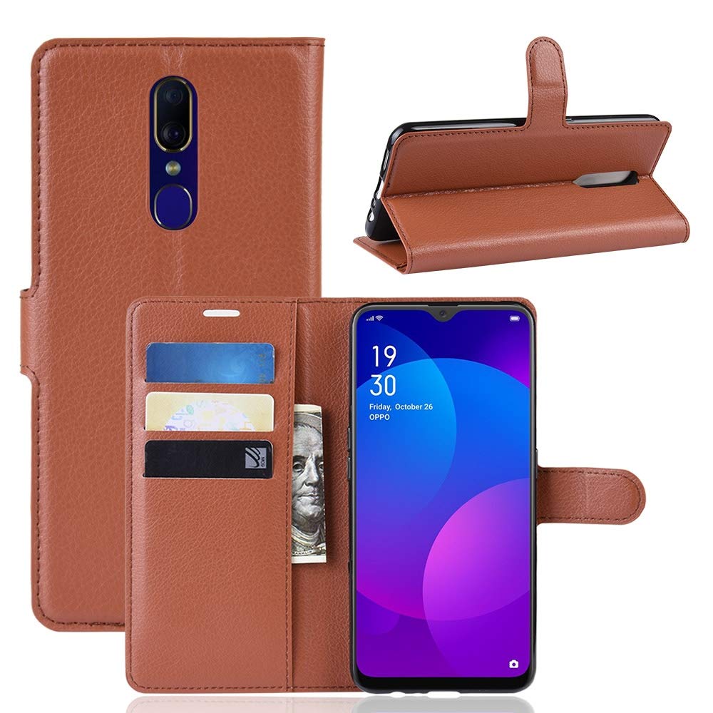 Premium Litchi Texture Flip Leather Wallet Case for Oppo F11 - Horizontal Flip Design with Card Slots & Phone Holder (Black/Brown) | Perfect for Daily Use, Travel & Business Meetings