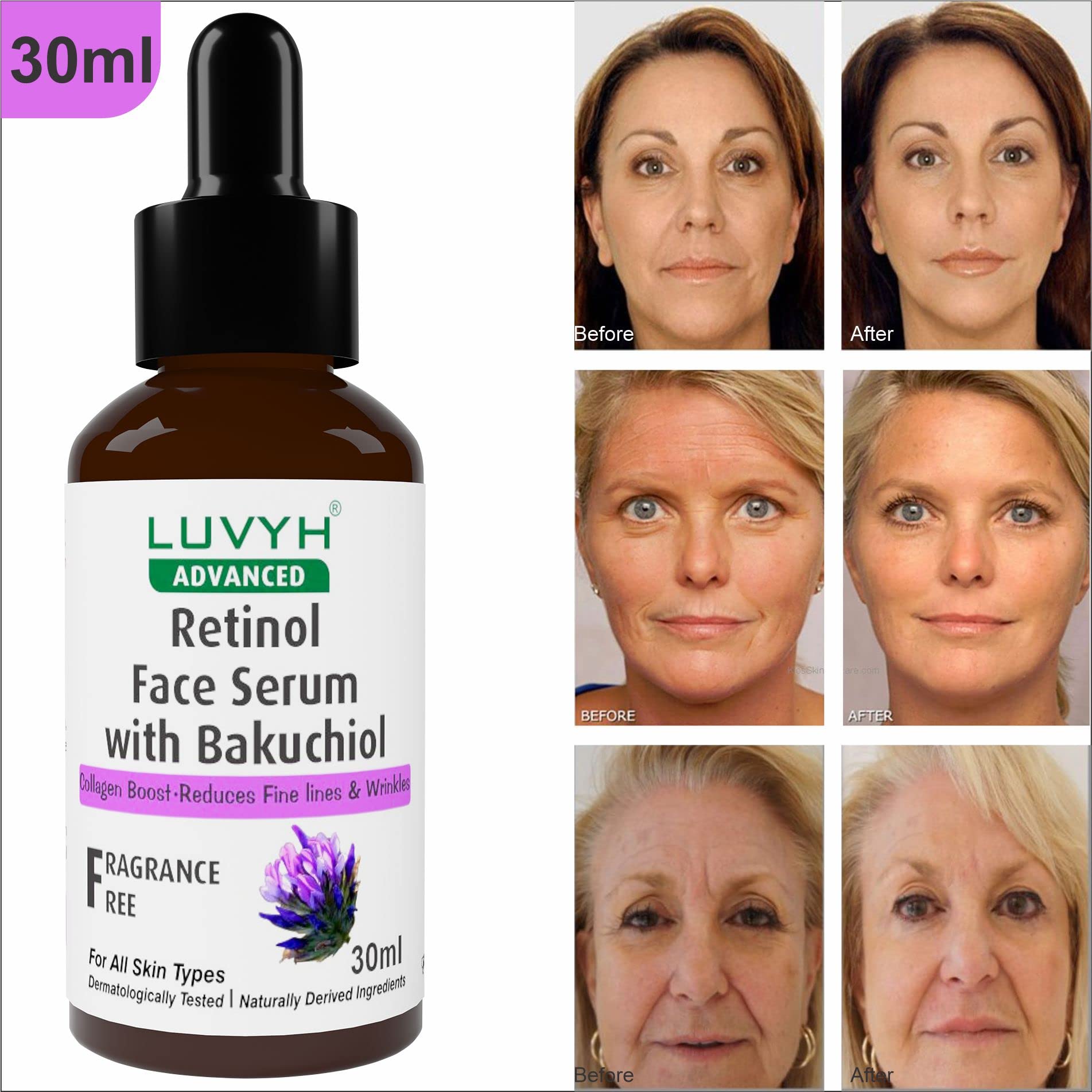 Luvyh Retinol Face Serum with Bakuchiol - Anti-Aging Treatment Reduces Fine Lines & Wrinkles, Boosts Collagen for Youthful Skin | 100% Vegan, Fragrance-Free 30ml | Perfect for Night Routine & Dry Skin Care