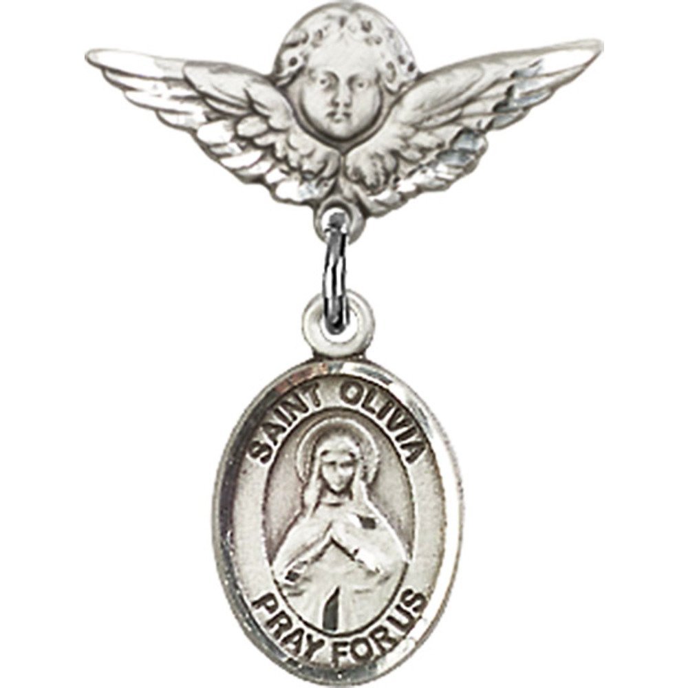 Sterling Silver Baby Badge with St. Olivia Charm & Angel Wing Pin - 7/8