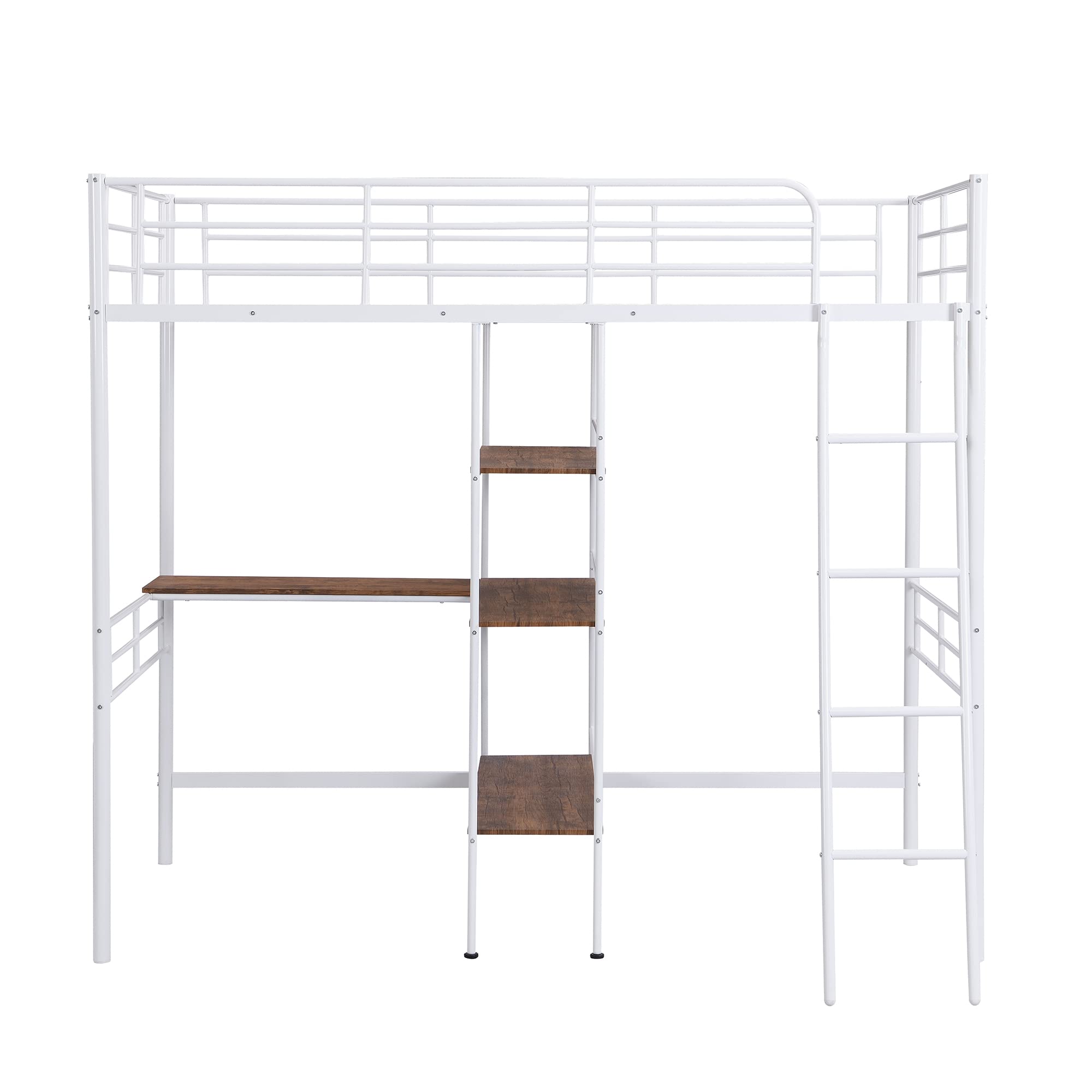 Bellemave Twin Size Metal Loft Bed with Built-in Desk & Storage Shelves - Heavy Duty Steel High Loft Bed with Guardrails & Ladder for Kids, Teens & Adults - Space Saving Solution for Small Rooms, Dorms & Apartments (White)