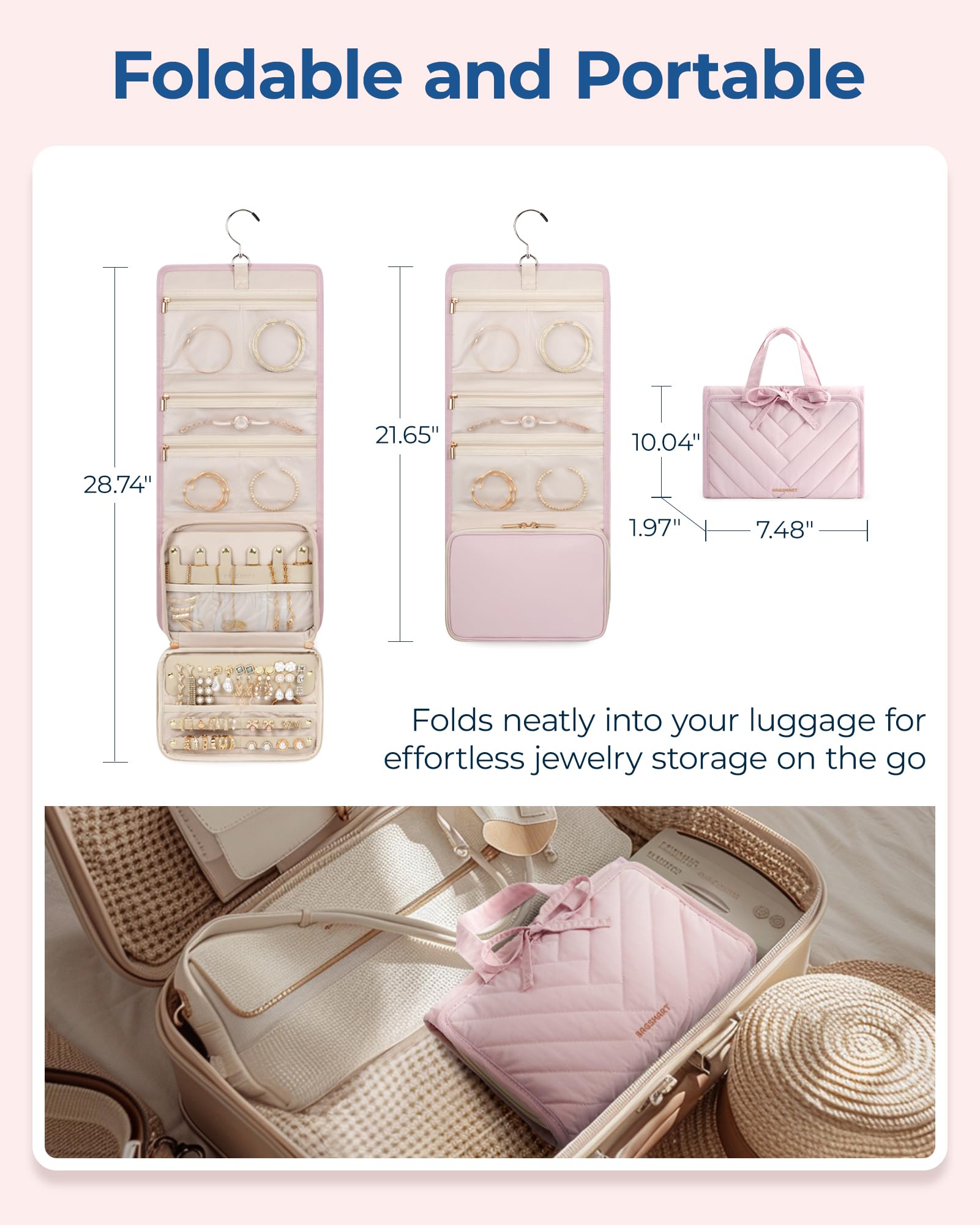 BAGSMART Travel Jewelry Organizer - Large Hanging Roll Jewelry Case with Zipper Pockets for Rings, Necklaces, Earrings & Bracelets | Portable Jewelry Storage for Women | Perfect for Travel, Vacation & Business Trips (Pink)