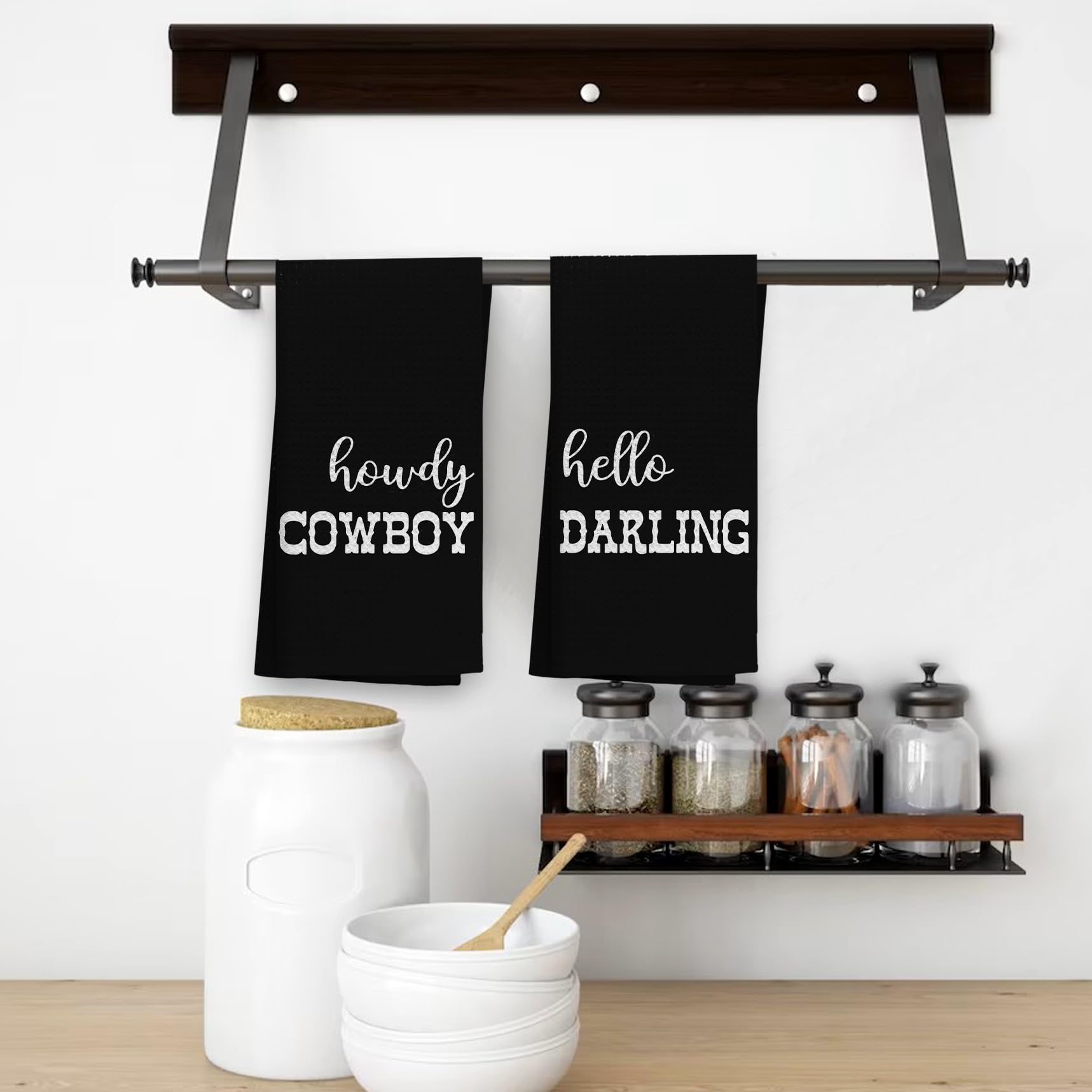 OHSUL Western Style Hand Towels Set of 2 - Rustic Kitchen & Bathroom Decor, Cowboy Themed Cotton Towels for Farmhouse, Cabin or Ranch Home - Perfect Housewarming Gift for Couples (Black)