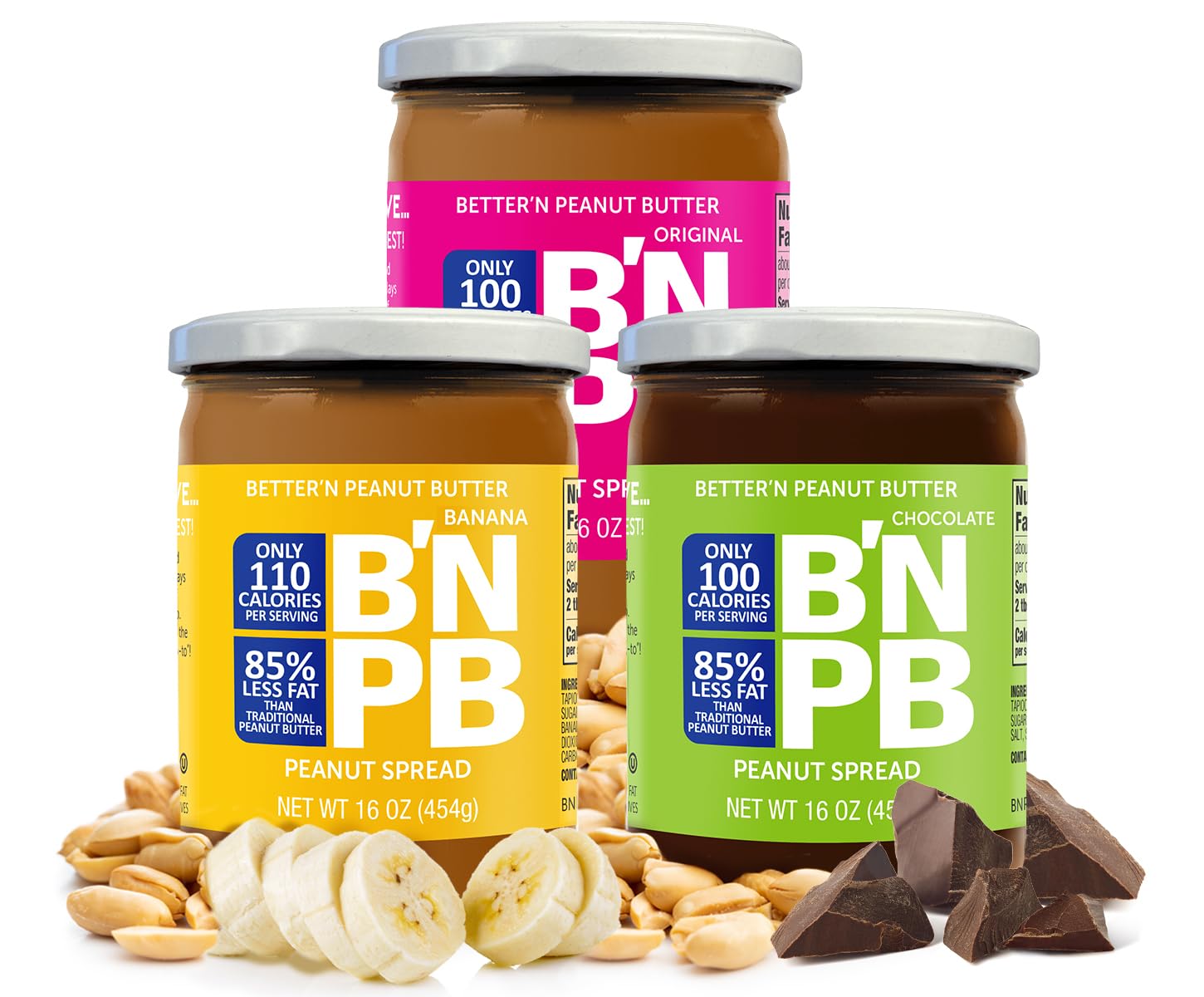 Better'n Peanut Butter Low Fat Spread Variety Pack - Gluten Free, Dairy Free, Low Calorie - Original, Banana & Chocolate Flavors (3 Pack, 16 oz Glass Jars) - Perfect for Healthy Snacks, Smoothies & Baking