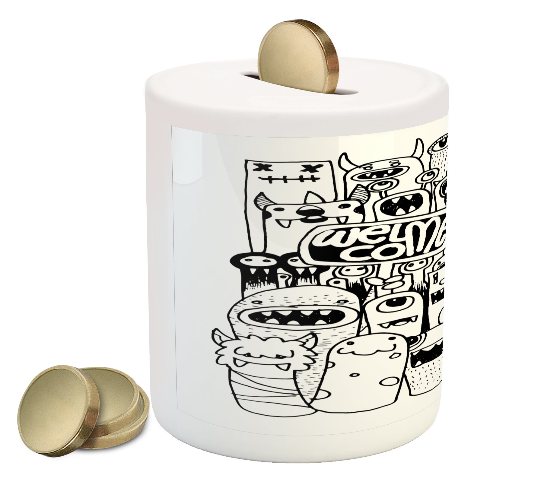 Ambesonne Indie Piggy Bank - Hand Drawn Doodle Style Cartoon Monsters Ceramic Coin Bank for Cash Savings | Funny Crazy Money Box Gift for Kids & Adults | Perfect for Birthday Presents, Office Decor & Piggy Bank Collections (Black & White)