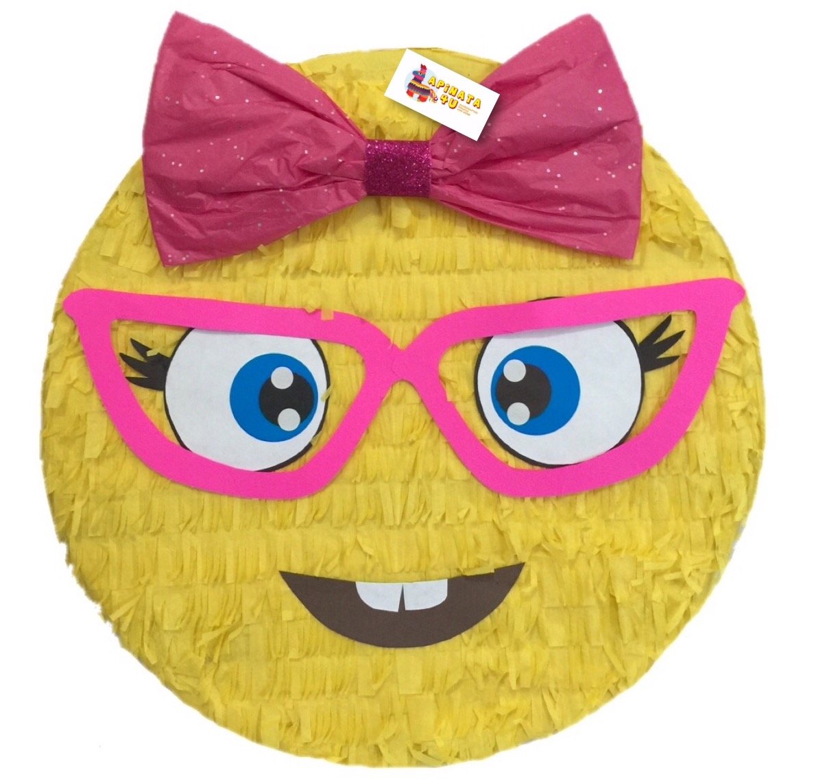 16 Inch Yellow Emoticon Pinata with Glasses & Pink Bow - Smarty Pants Party Supplies for Birthday Decorations, Baby Showers & Theme Parties