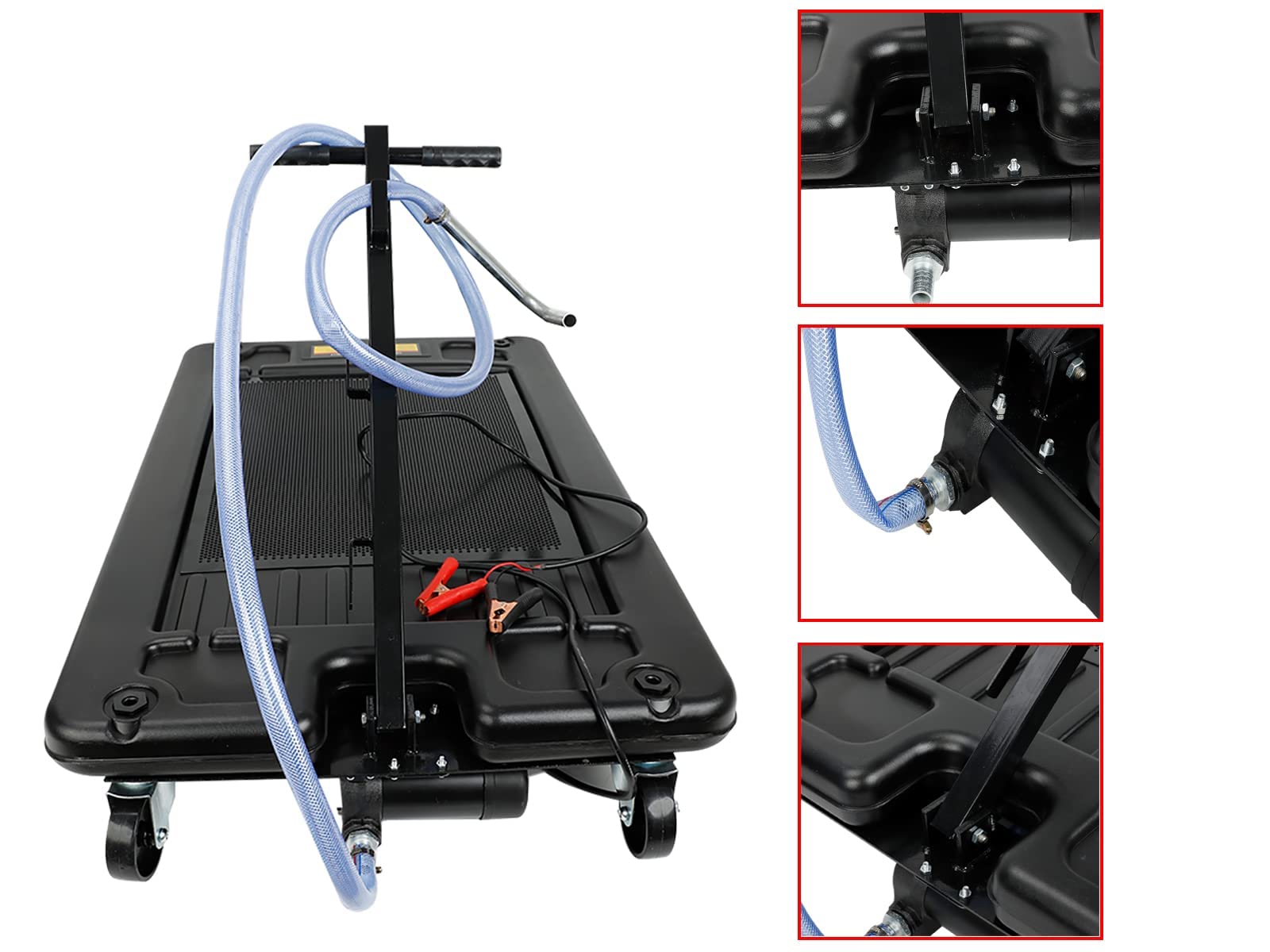 SmileRacing 17 Gallon Low Profile Oil Drain Pan with 12V DC Electric Pump & 8'' Hose - Portable Oil Change Tray for Trucks, Cars, SUVs - Perfect for DIY Auto Maintenance & Quick Oil Draining at Home or Garage