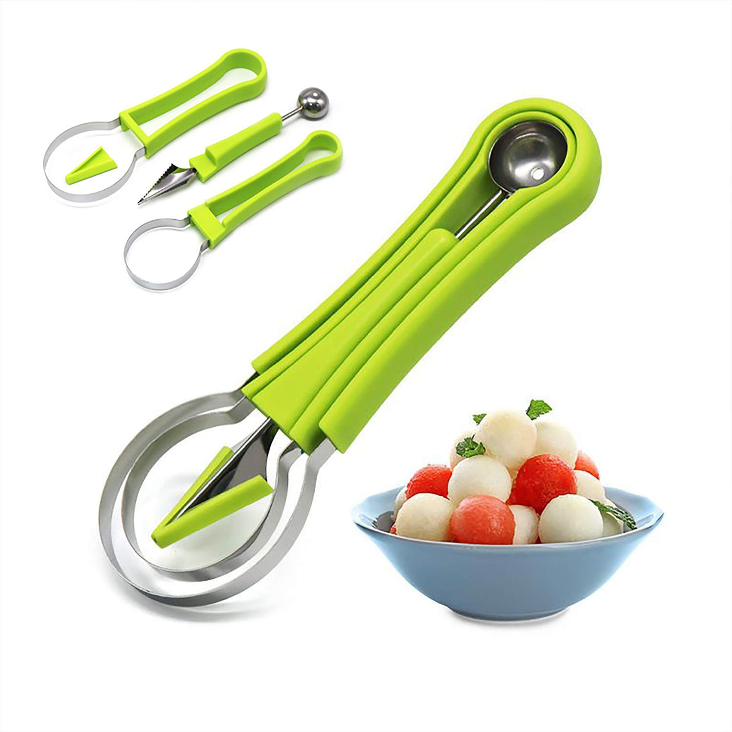 Premium 4-in-1 Stainless Steel Melon Baller Set - Watermelon Scooper, Fruit Carving Tools, Ice Cream Baller & Seed Remover - Perfect for Fruit Shaping, Cocktail Garnishes & Party Food Presentation