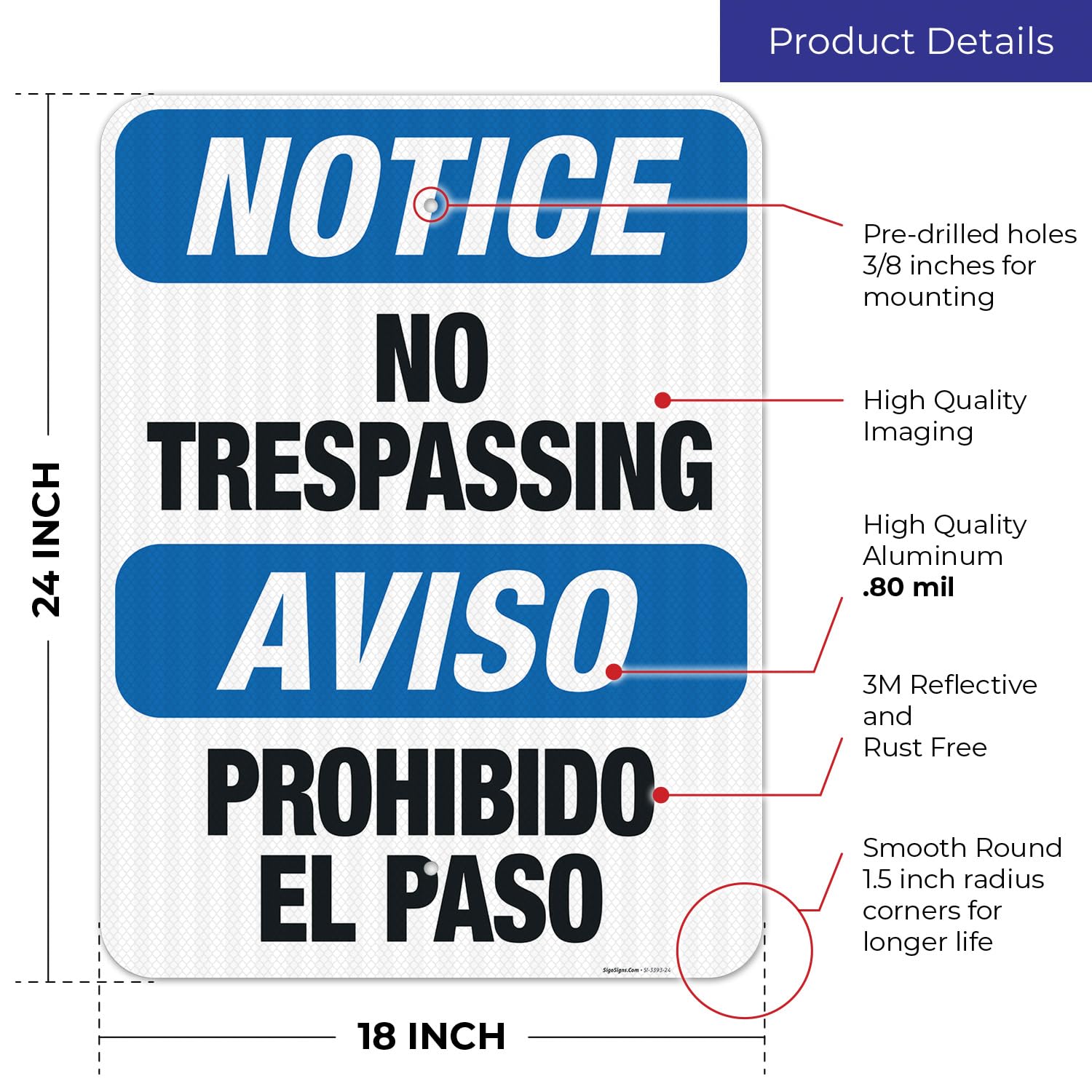 Bilingual No Trespassing Sign - OSHA Approved 18x24 Inch Aluminum Sign with 3M EGP Reflective Surface | Fade Resistant for Indoor & Outdoor Use | Made in USA | Perfect for Construction Sites, Warehouses & Property Security