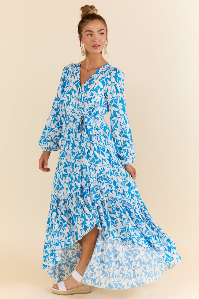 Palmetto Paradise Blue and White Long Sleeve Maxi Dress for Women - Boho Floral Beach Cover Up, Summer Vacation Dress, Perfect for Pool Parties & Tropical Getaways