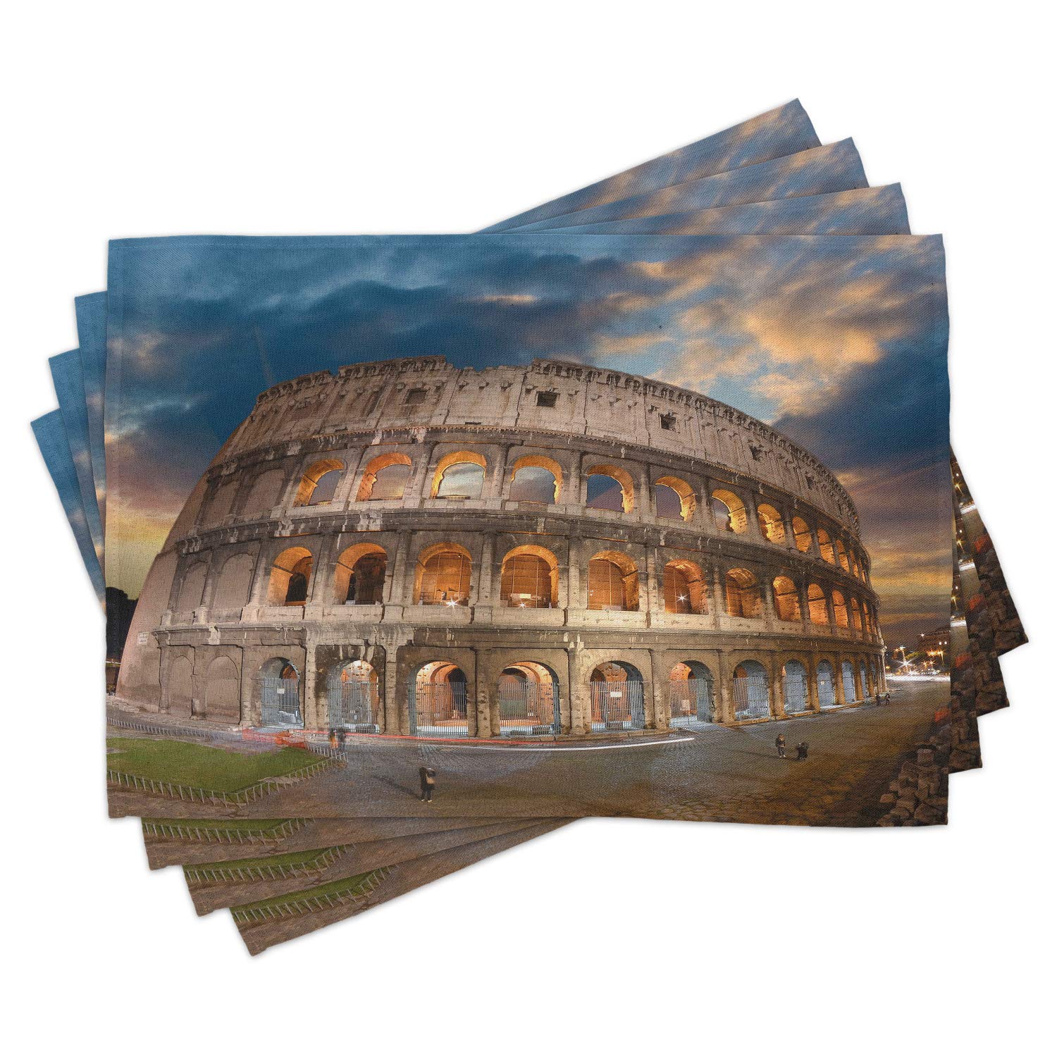 Ambesonne Italian Place Mats Set of 4 - Colosseum Under Autumn Sunset in Rome, Historical Landmark Print, Washable Fabric Table Mats for Dining Room & Kitchen Decor (Blue & Tan) | Perfect for Italian-Themed Dinners, Holiday Gatherings & Home Decor