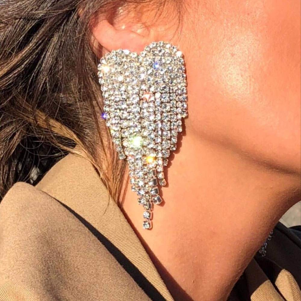 Doubnine Rhinestone Crystal Earrings - Elegant Wing Dangle Drop Earrings for Women in Gold & Silver | Perfect for Parties, Evening Events, Weddings & Dance Performances (Silver)