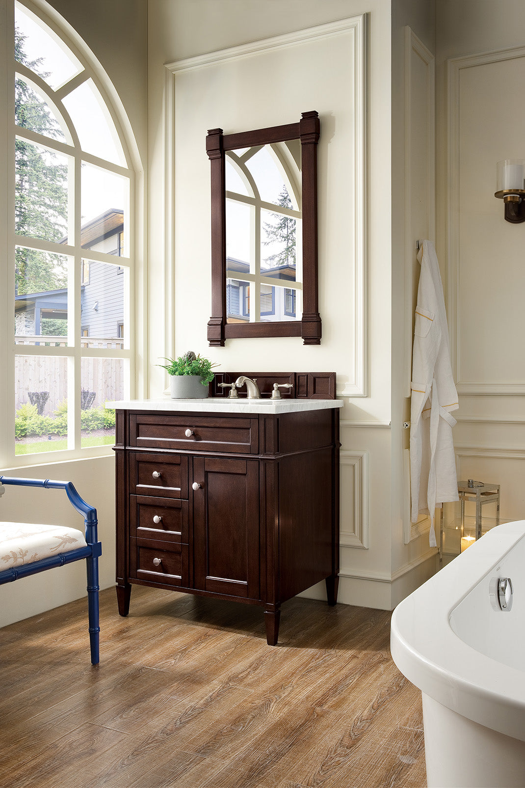 Brittany 30-Inch Single Bathroom Vanity with Burnished Mahogany Finish & 3CM Carrara Marble Top - Perfect for Modern Master Bathrooms and Powder Rooms
