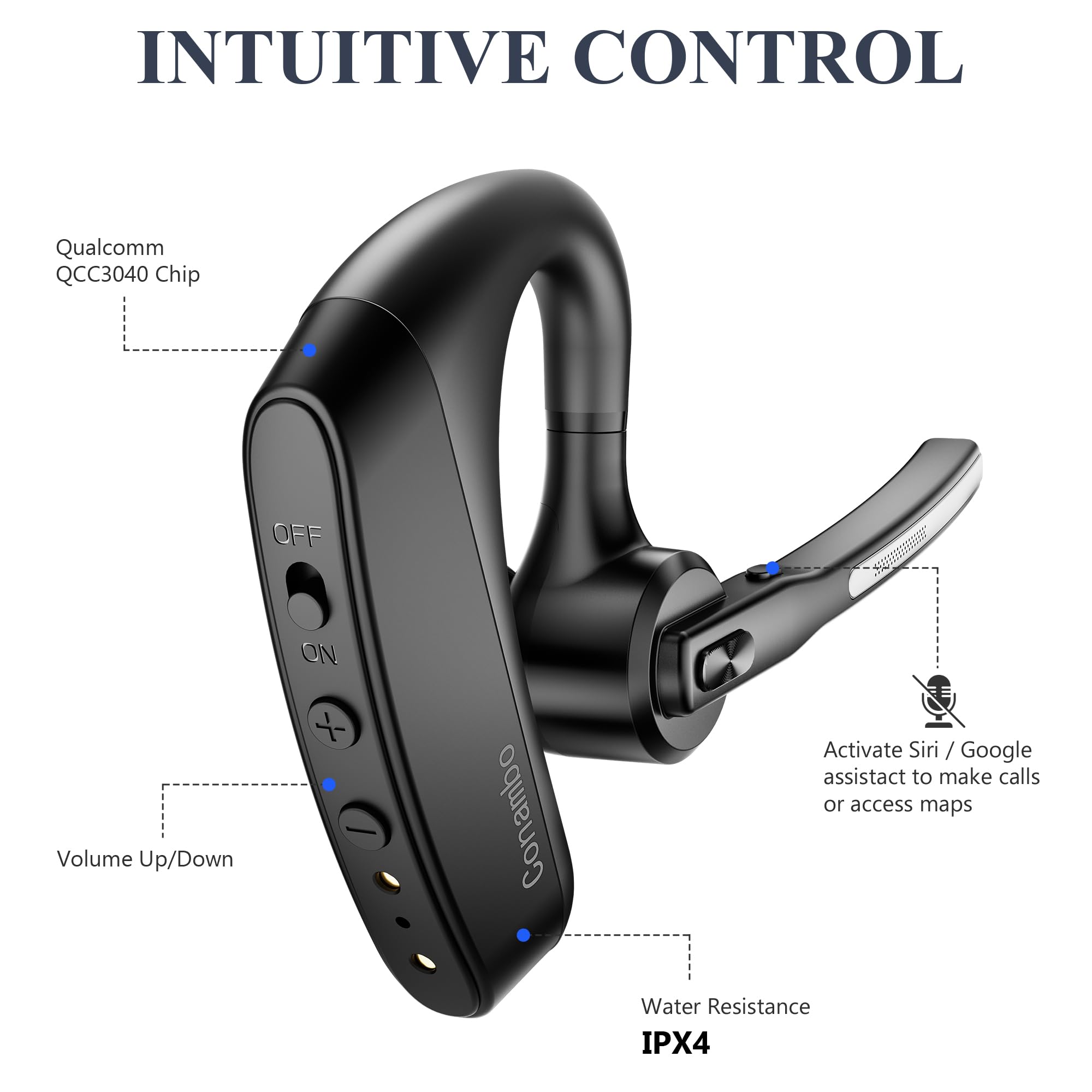 Conambo K10C Bluetooth Headset V5.2 Wireless Earpiece - CVC8.0 Dual Mic Noise Cancelling, 16Hrs Talk Time, Compatible with iPhone & Android - Perfect for Truckers, Office Work, Driving & Conference Calls